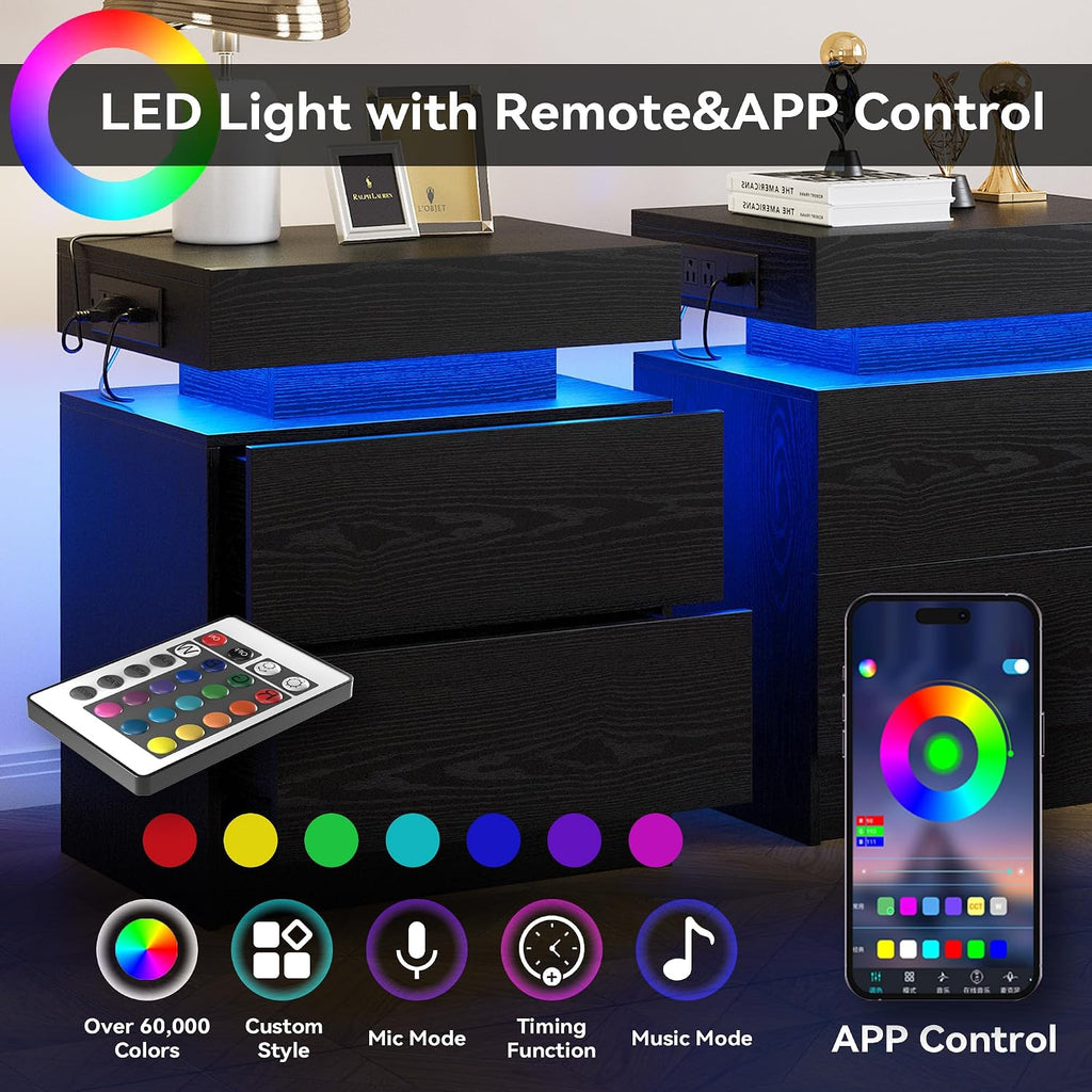 LIKIMIO Nightstand with Charging Station LED Light and 2 Drawers Black