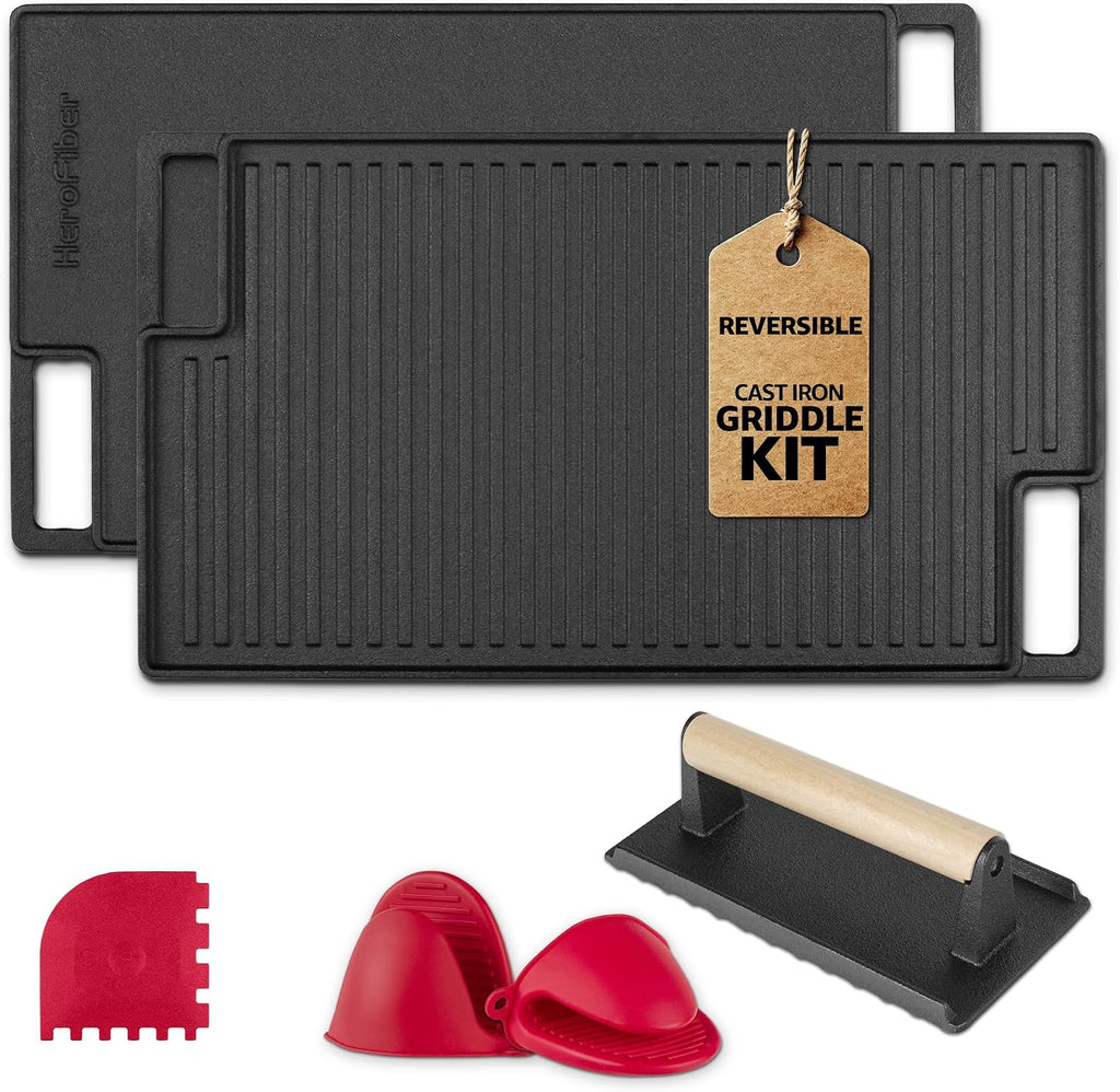 HeroFiber Cast Iron Reversible Grill/Griddle Set with Press, Scraper & Mitts - Pre-Seasoned, Non-Stick - 16.75"" x 9.5"" - Gas Stove, Grill, Camping, Outdoors, Black, OG7-18