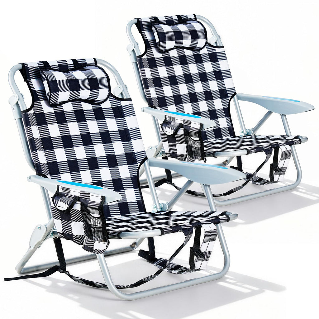 2 Pack Lightweight Portable Camping Beach Chair for Adults, Outdoor Lay Flat Folding Beach Chairs with 5 Positions, Backpack Beach Chair with Towel Bar, Zipper Pouch, Cup Holder, NEW Striped