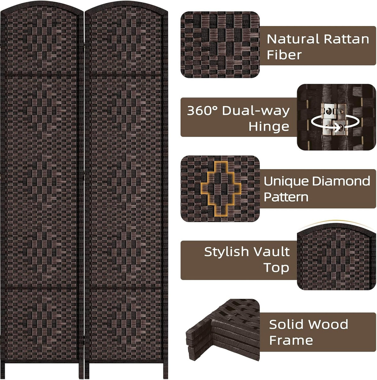 HALLYBEE Room Divider Panel,8 Panel Partition Room Dividers, Dark Mocha