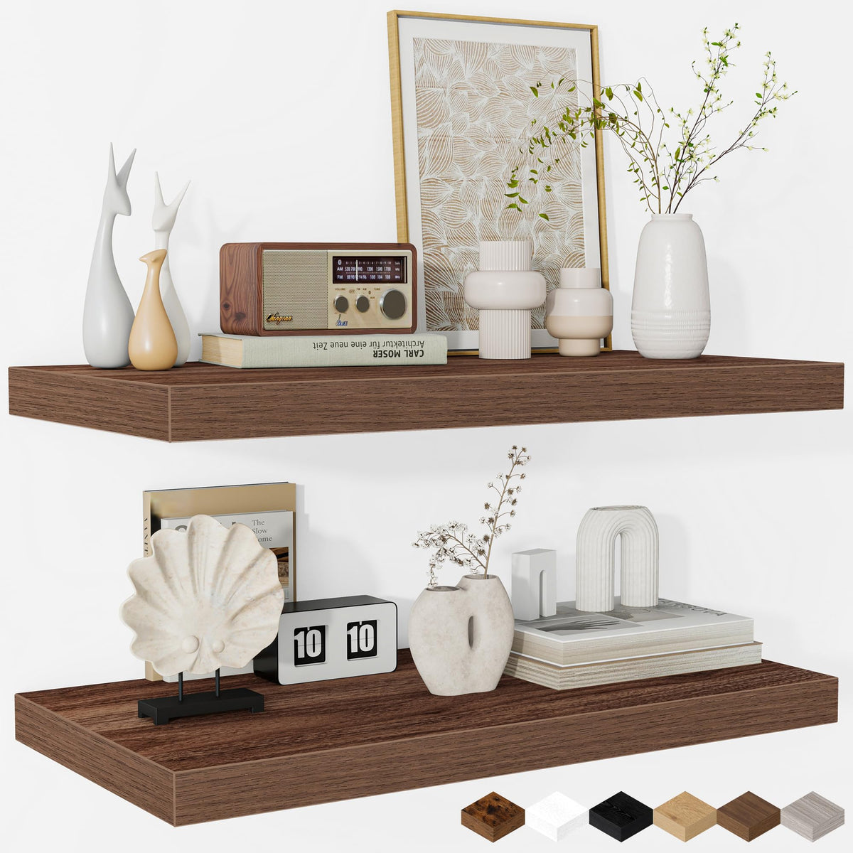 Fun Memories Floating Shelves - 2 Pack 12 Inch Rustic Wooden Wall Shelves - Extra Deeper & Thicker Wall Mounted Storage Shelf for Living Room, Kitchen, Farmhouse - 36" W x 12" D x 1.8" H - Brown