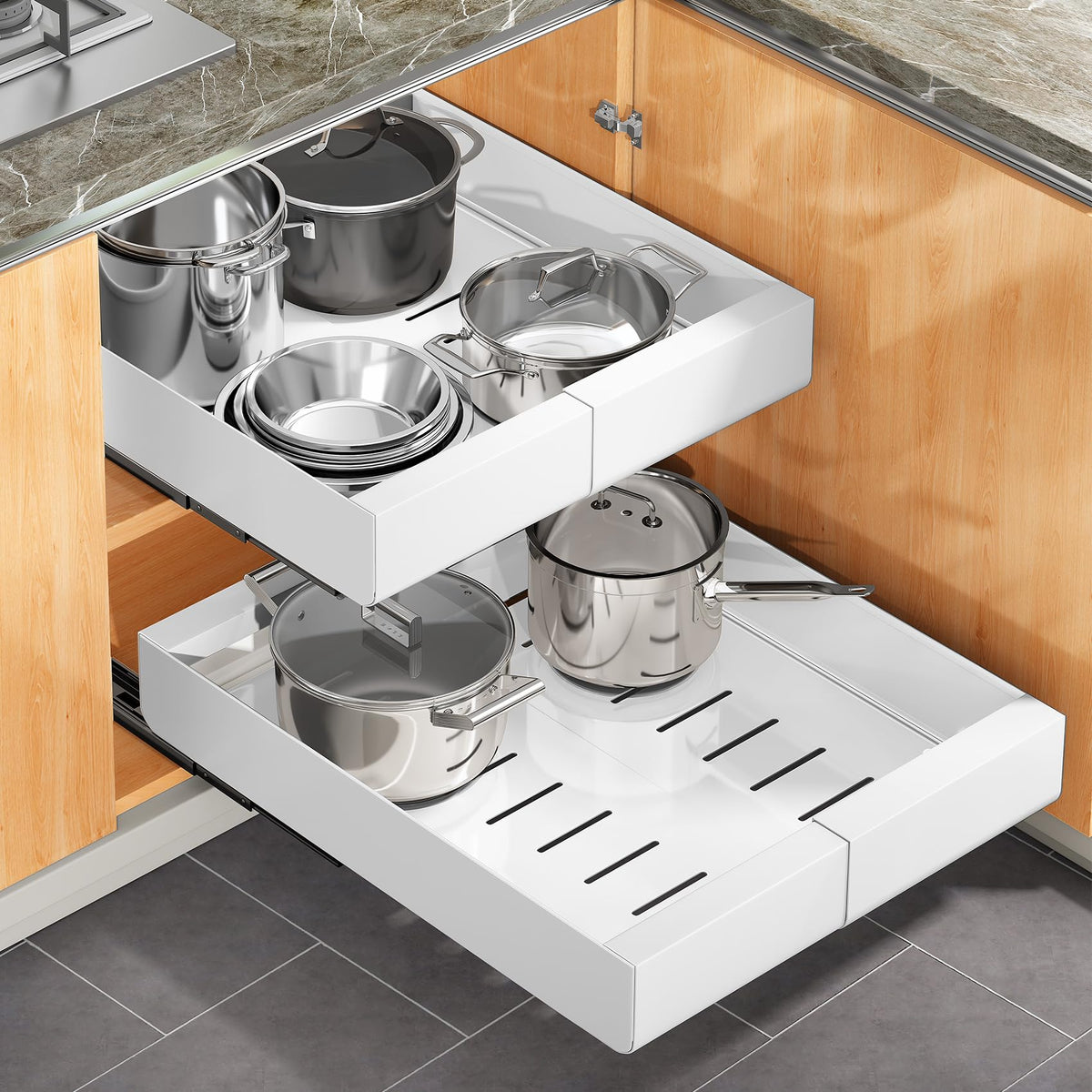 Pull out Cabinet Organizer, 2-pack, Expandable(12"-20") Heavy Duty Slide out Drawers Fixed with Adhesive Nano Film for Pots, Roll out Shelf Storage for Kitchen Base Cabinet Organization(3 Rails)
