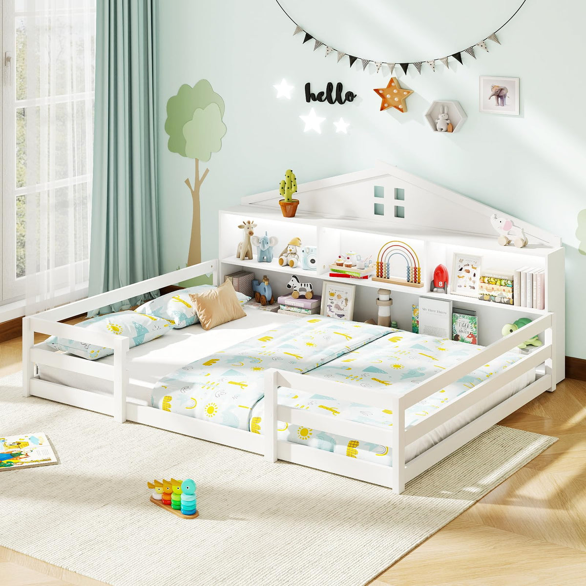 Giantex Twin Floor Bed with Fence for Kids, Wooden Montessori Bed Frame with Lockable Door & Guardrails, Low Floor Beds for Kids, Boys, Girls, No Box Spring Needed, Without Wood Slats, Natural