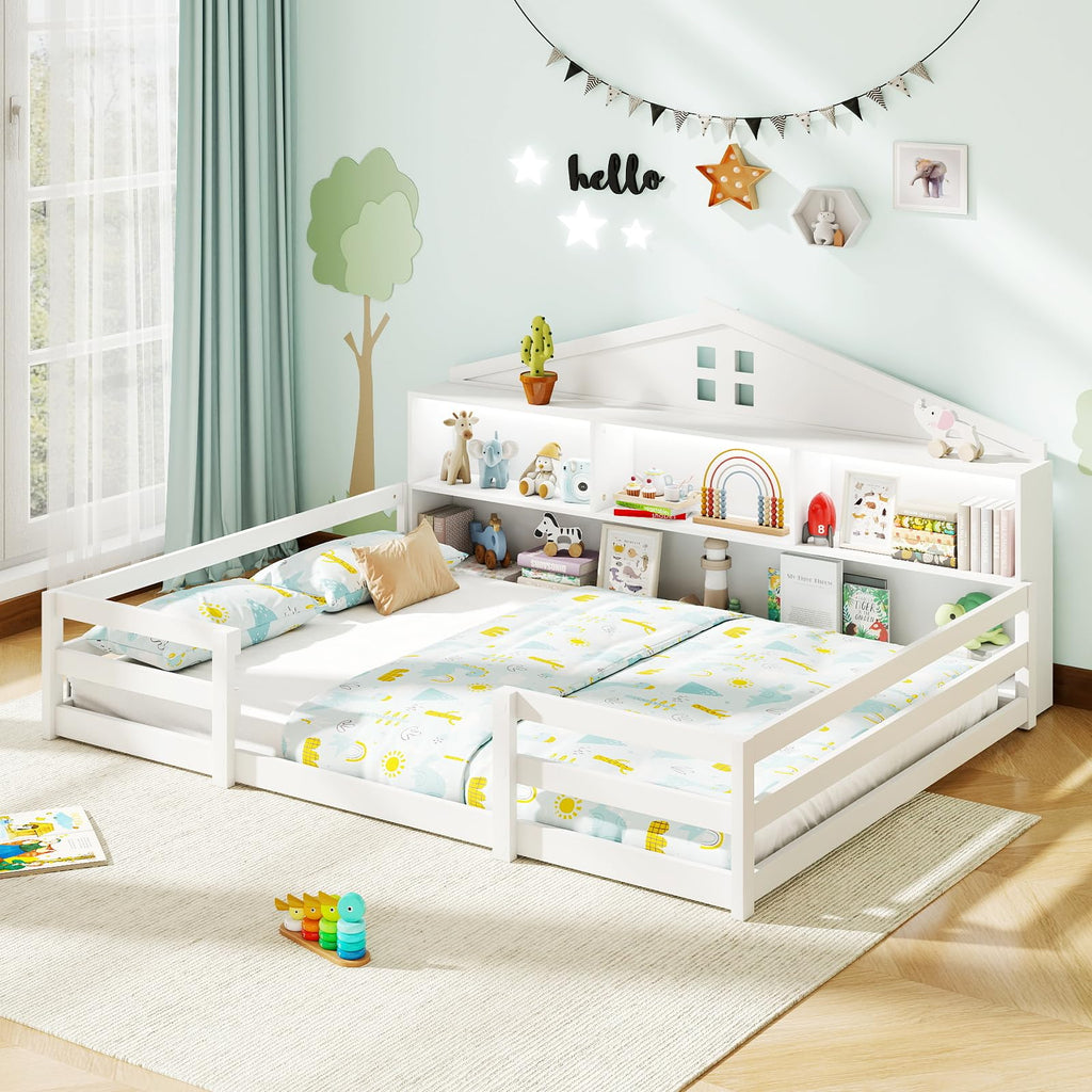 GIANTEX Twin Floor Bed with Fence for Kids, Wooden Montessori Bed Frame with Lockable Door & Guardrails, Low Floor Beds for Kids, Boys, Girls, No Box Spring Needed, Without Wood Slats, White
