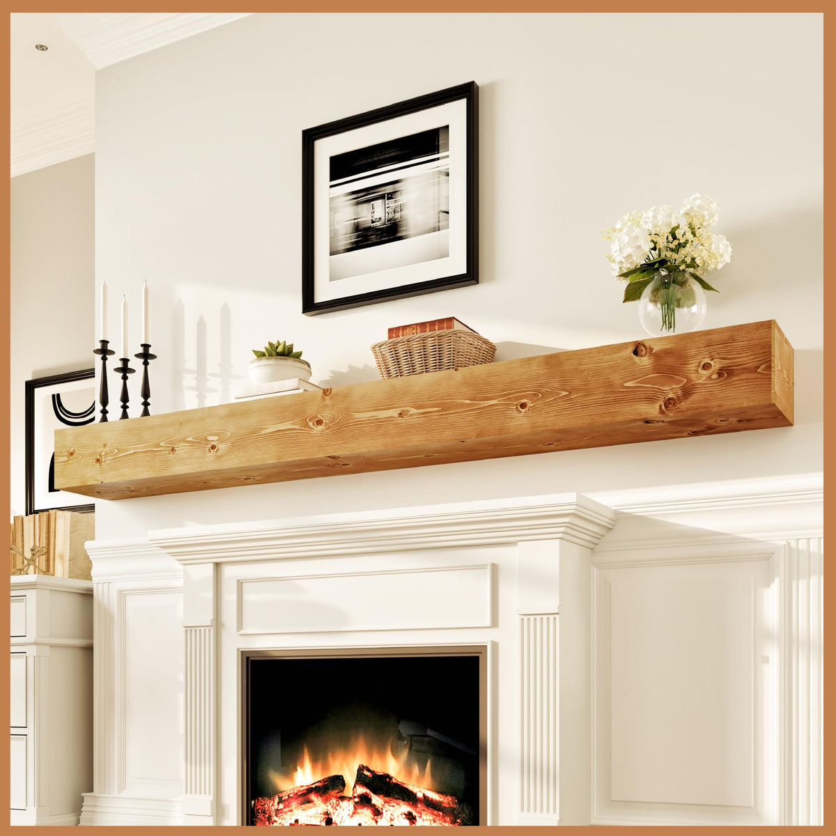 Avana Fireplace Mantel - Wall-Mounted Mantles for Over Fireplace - Farmhouse Fireplace Mantle Shelves - Handcrafted Wood Fireplace Mantels - Floating Mantel 72 Inches X 8 X 5 - Rustic Natural