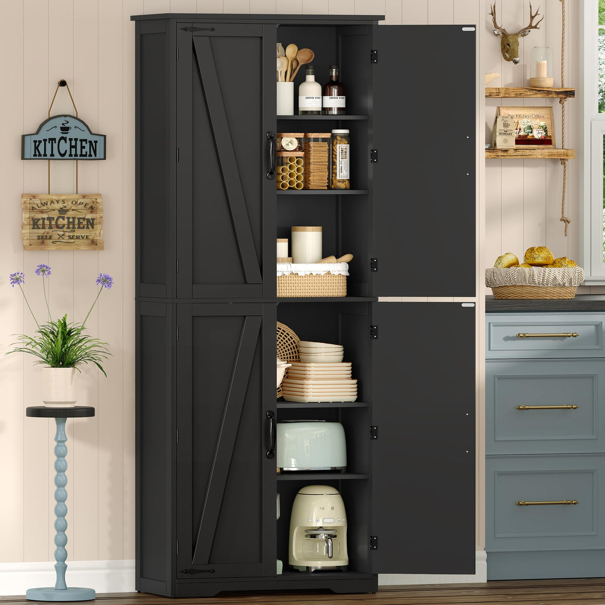 TEENFON Tall Bathroom Storage Cabinet with 4 Doors & 2 Adjustable Shelves