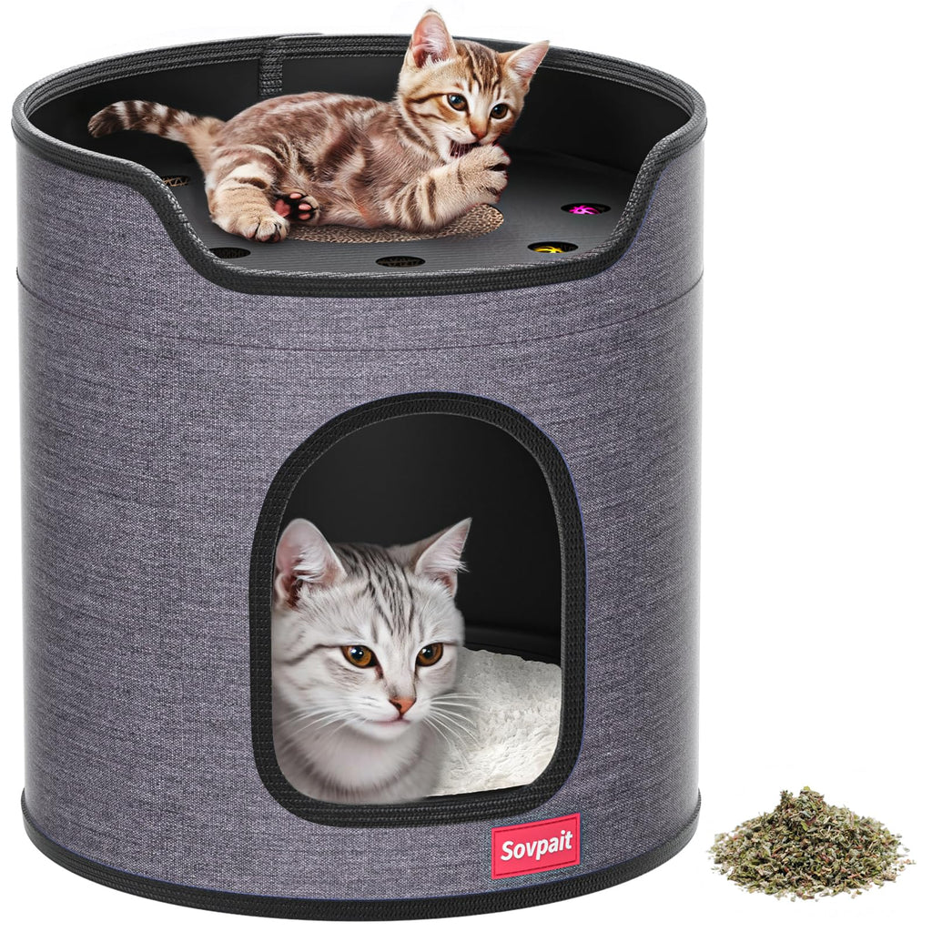 Cat House for Indoor Cats,Large Double Cat Beds Cave with Cat Scratcher Pad Toys w/Catnip,Soft Washable Cushion Cat House Shelter D15xH15in (Classy Grey Cardboard Cat Scratcher)