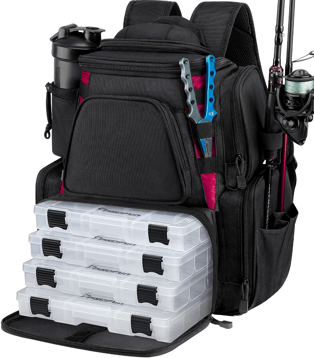 Piscifun Fishing Tackle Backpack with 2 Rod Holders, 4 Boxes & Rain Cover