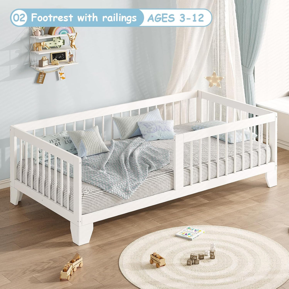 Montessori Toddler Bed, Variable Twin Floor Bed Frame with Removable Guardrails and Legs, Low Wooden Kids Bed with 12 Slats and Supporting keel, Crib-to-Bed Transition for Bedroom or Nursery, White