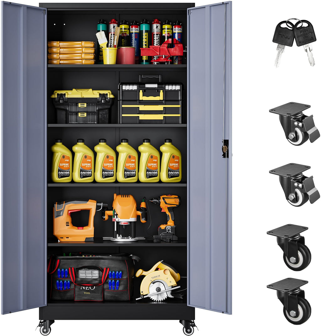 SISESOL 75" Tall Metal Storage Cabinet with Wheels,Rolling Garage Storage Cabinet with Lock,Black Metal Cabinets with Wheels and Shelves,Deep Heavy Duty Tool Locker for Garage,Home,Office,Shop