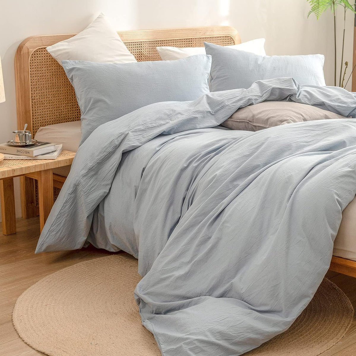 BESTOUCH Cotton Solid Duvet Cover Set Linen Feel Cornflower Blue Queen