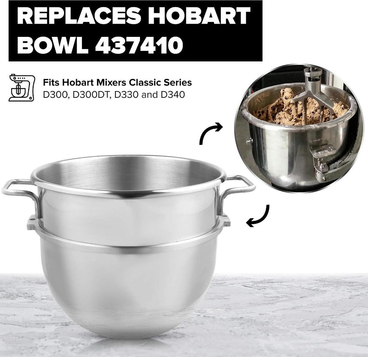 Vollum 30-Quart Commercial Stainless Steel Mixing Bowl for Hobart Mixer - Hobart Equivalent