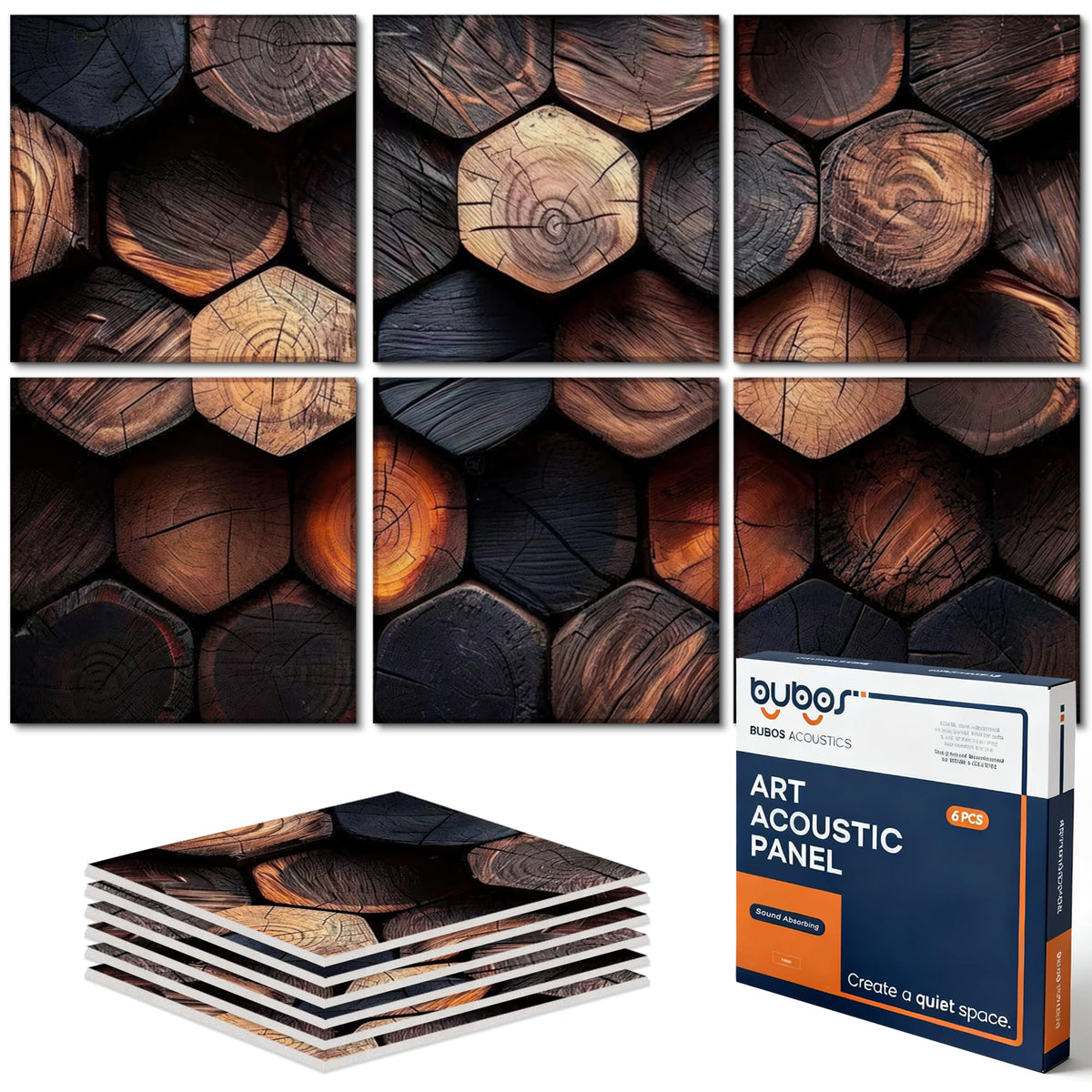 BUBOS 6-Pack Acoustic Panels, Wood Grain Sound Absorbing Panels, 23.6x23.6