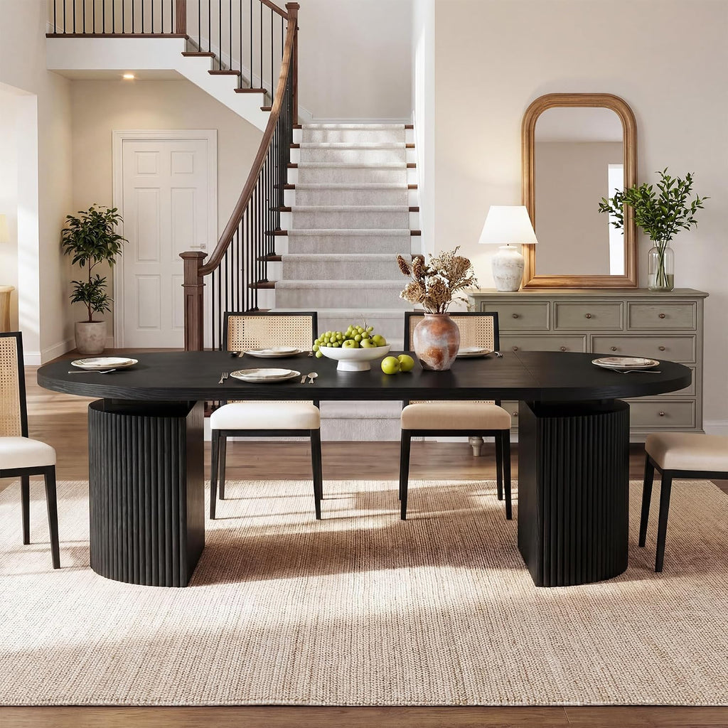 HUAHUU Extendable Round Dining Table for 4-8, 39in-77in Long Large Kitchen Table with Fluted Base, Space Saving Modern Farmhouse Oval Dinner Tables for Dining Room, Kitchen, Living Room, Black