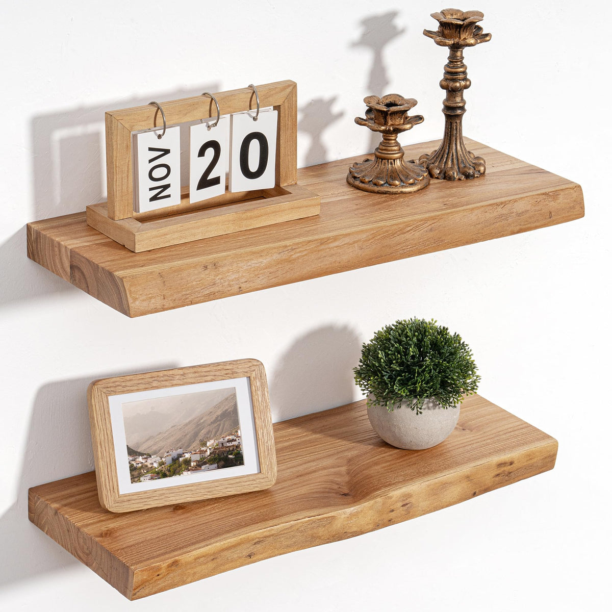 Floating Shelves for Wall, Solid Elm Wood Shelves, 24in Set of 2, Natural