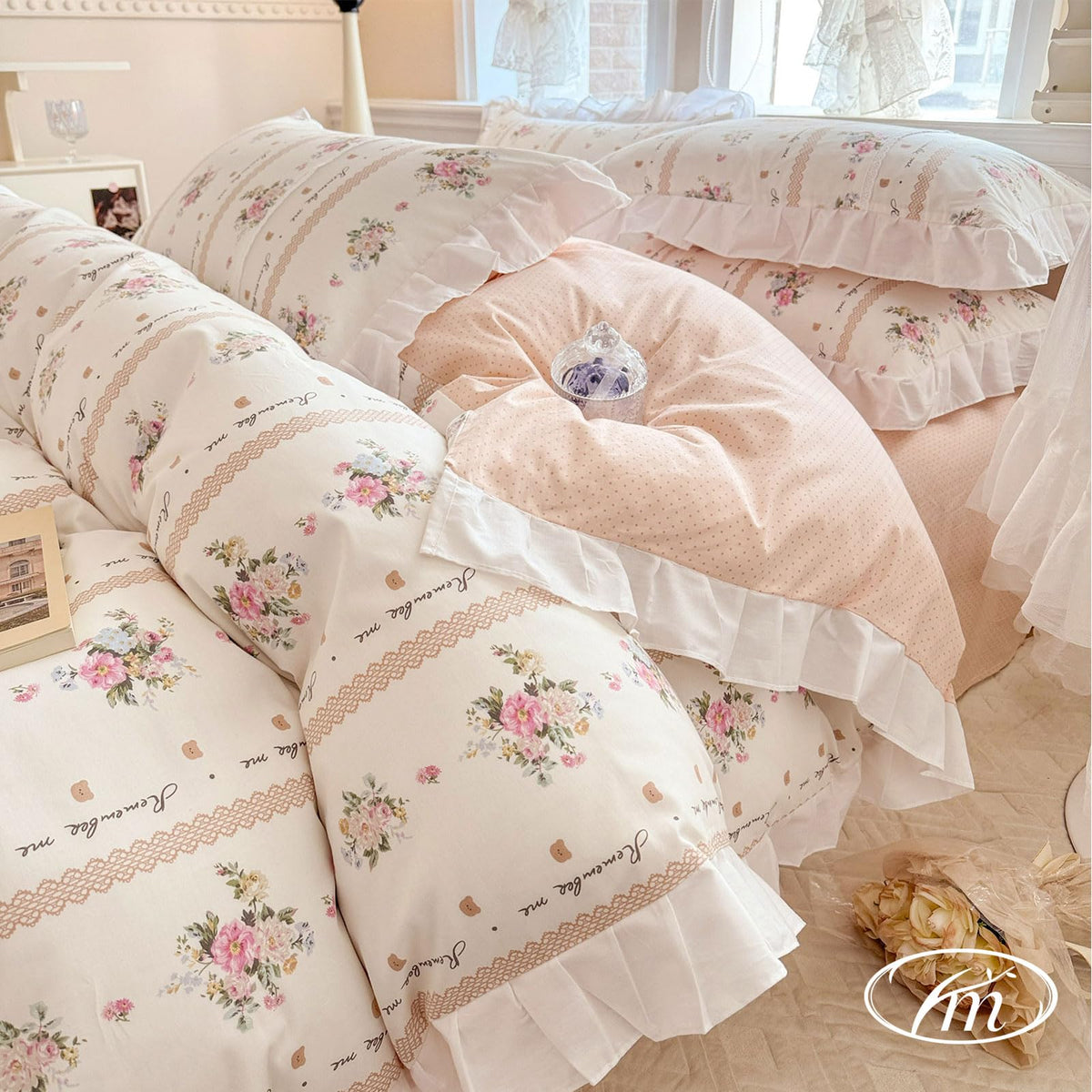 Floral Duvet Cover Set Muslin Cotton Queen(90"x90"),Pink Flower