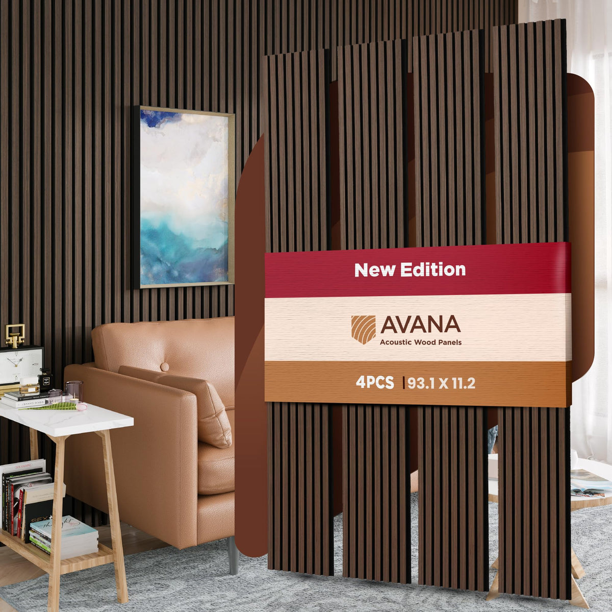Avana Acoustic Wood Wall Panels – 93.2x11.25 Inch Panels – Fits 94x12 Layout – Rustic Walnut Acoustic Panels 4 PCs –Wall Panels For Interior Wall Decor For Homes, Offices – Durable Wood Panel For Wall