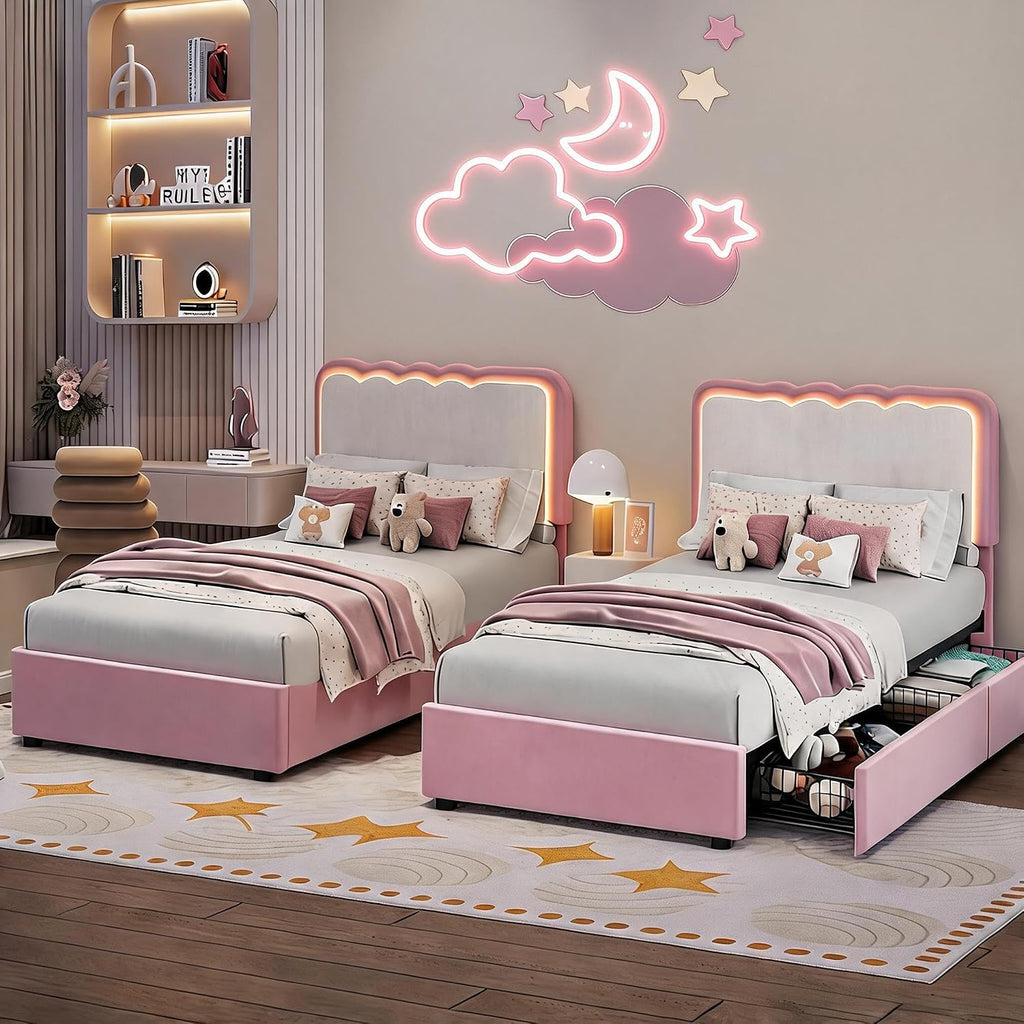 IDEALHOUSE Twin LED Bed, 2 Drawer Trundle, Pink Wave Headboard