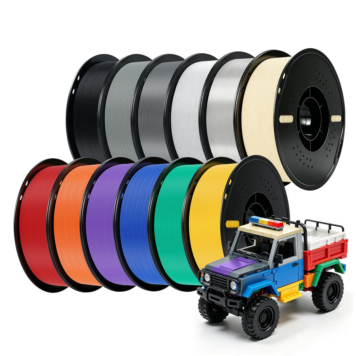 Kingroon PETG 3D Printer Filament, 10 Rolls, Dimensional Accuracy +/- 0.03 mm, 1kg Spool(2.2lbs), 1.75 mm，10KG Ten Colors Black White Grey Red Blue Green Yellow Orange Transparent Silver