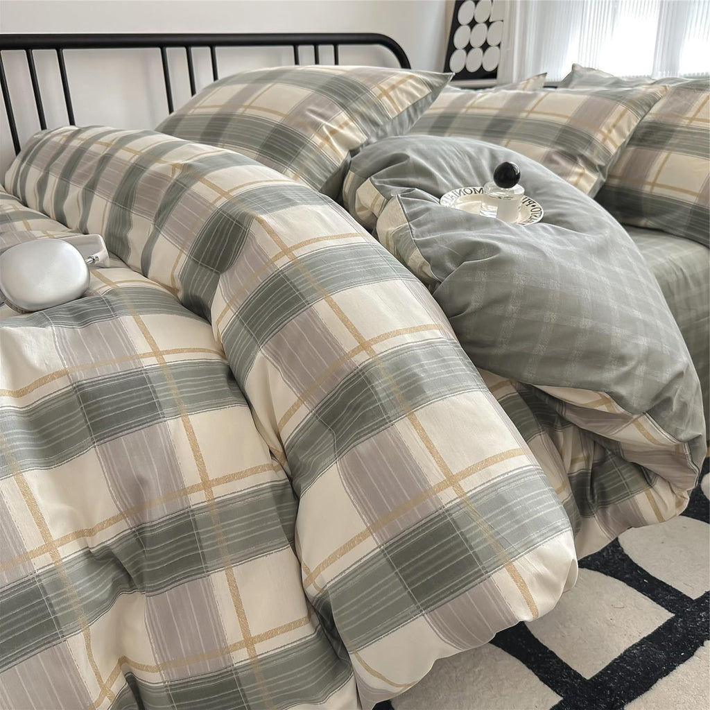 Plaid Duvet Cover Set Washed Cotton,Queen(90"x90"),Multicolor Gingham
