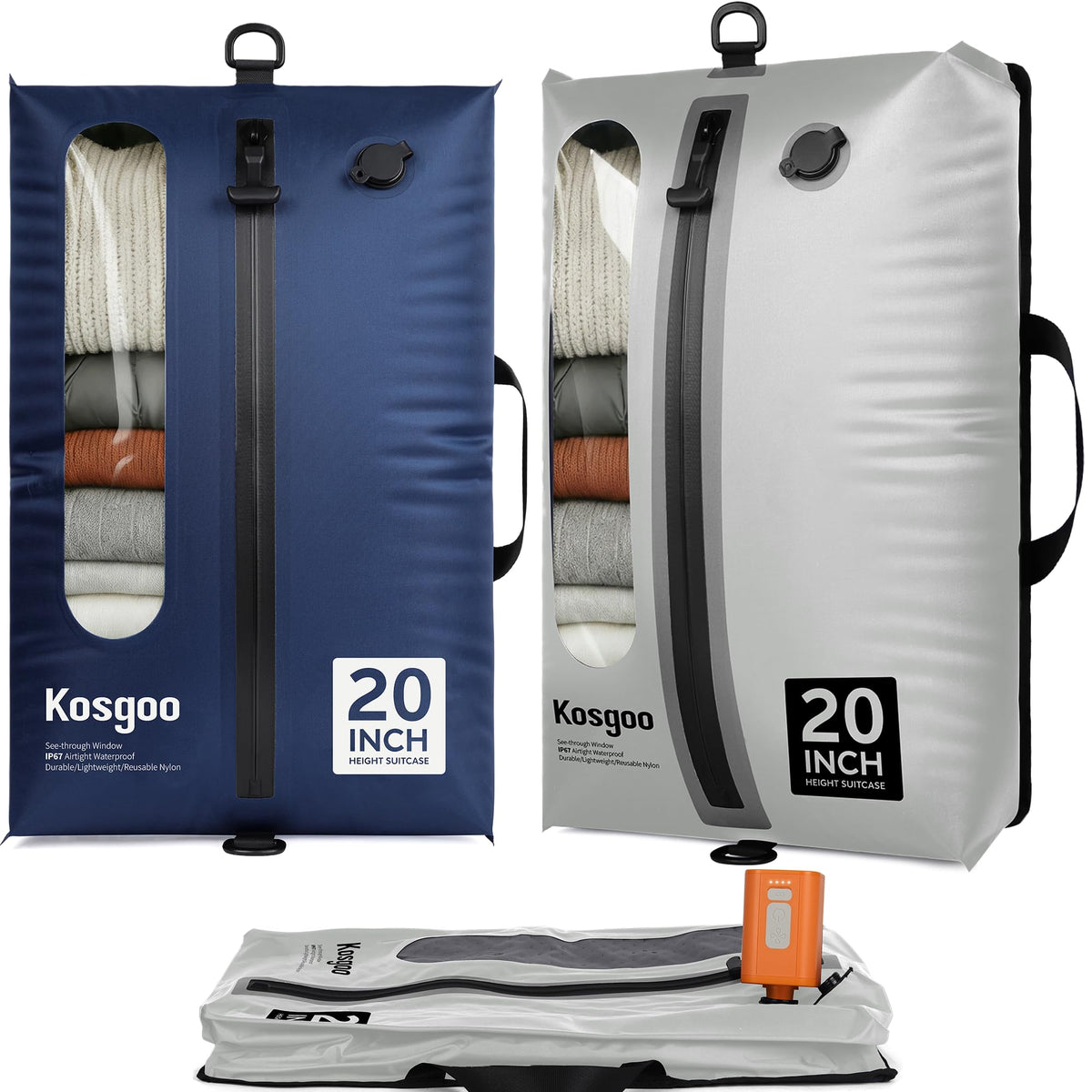 Vacuum Seal Bags for Travel with Pump, Light Grey, 20+20+28