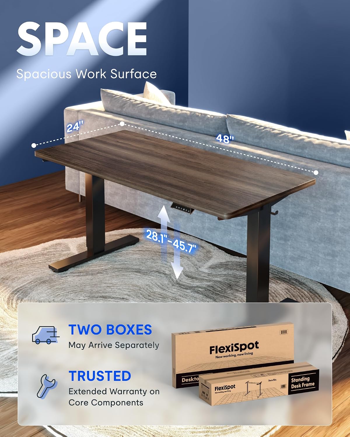 FLEXISPOT EN1 One-Piece Standing Desk, Electric Adjustable with 4 Memory Presets, 176 LBS Capacity, Stable & Quiet, Seamless Desktop for Home Office & Dual Monitors, 48"x24" Black Walnut