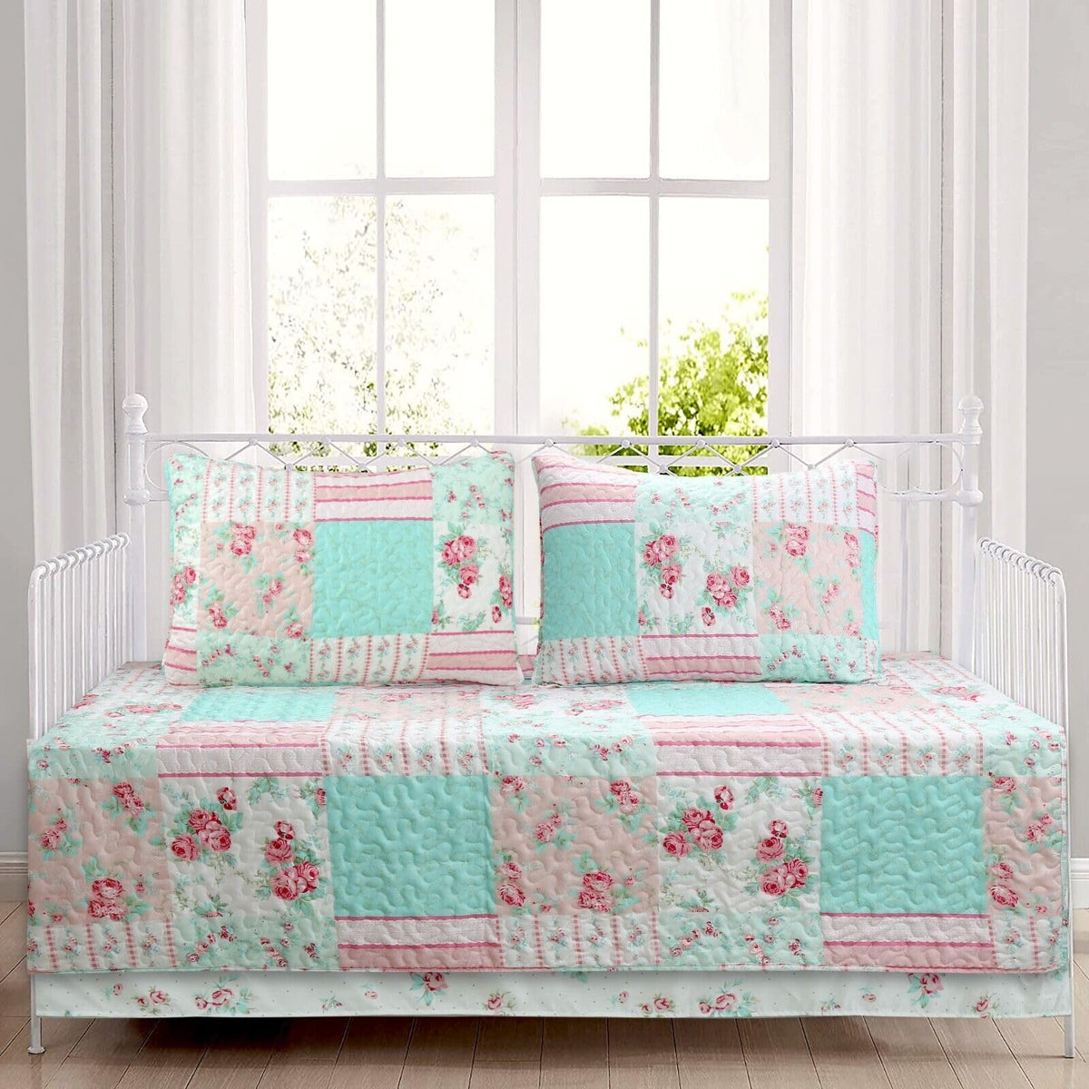Cozy Line Home Fashions Bloom Floral Blue Rose Spring Reversible Quilt Bedding Set, Coverlet Bedspread Lightweight for All Seasons (Pink Garden, Queen - 6 Piece)