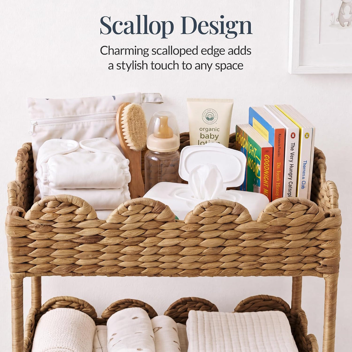 Best Choice Products 3-Tier Scalloped Nursery Caddy w/Wheels, Handwoven Utility Cart, Storage Organization for Bathroom, Craft Room, Laundry Room - Chestnut
