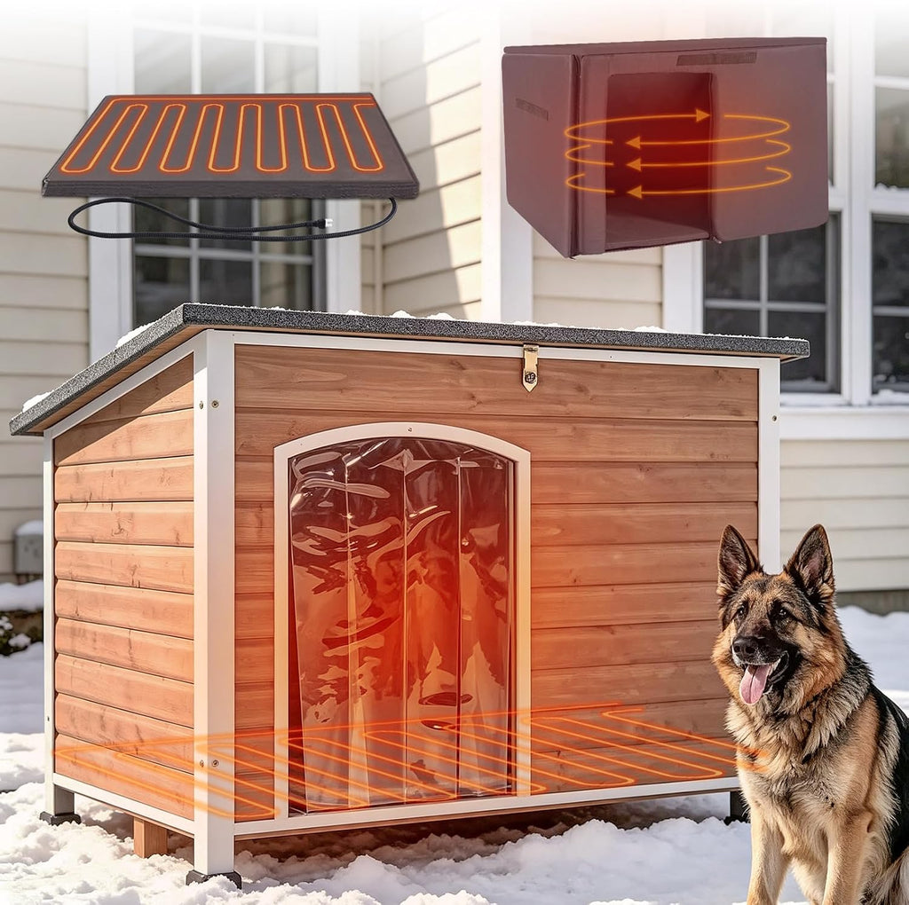 GUTINNEEN Large Outdoor Heated Dog House for Outside with Heating Pad,Brown
