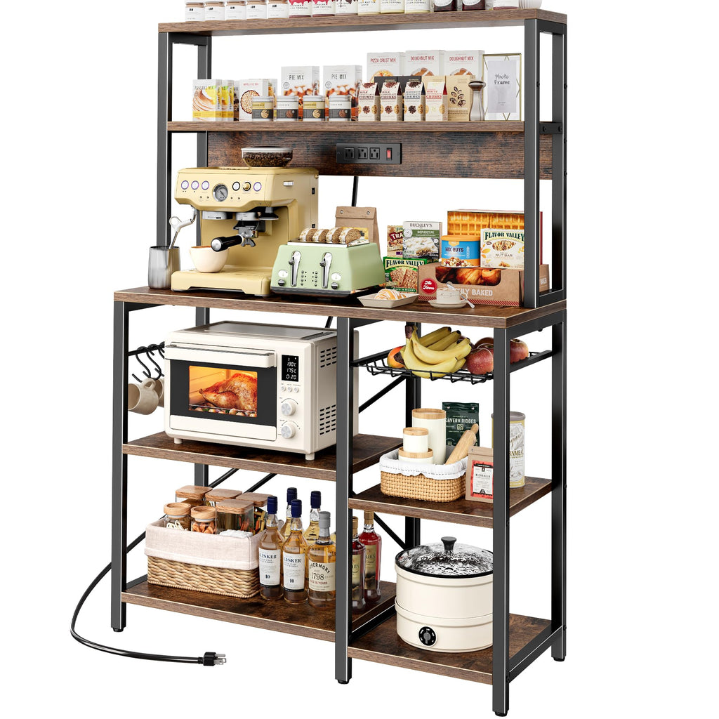 SUPERJARE Bakers Rack with Power Outlet, 35.4 Inches Coffee Bar with Basket