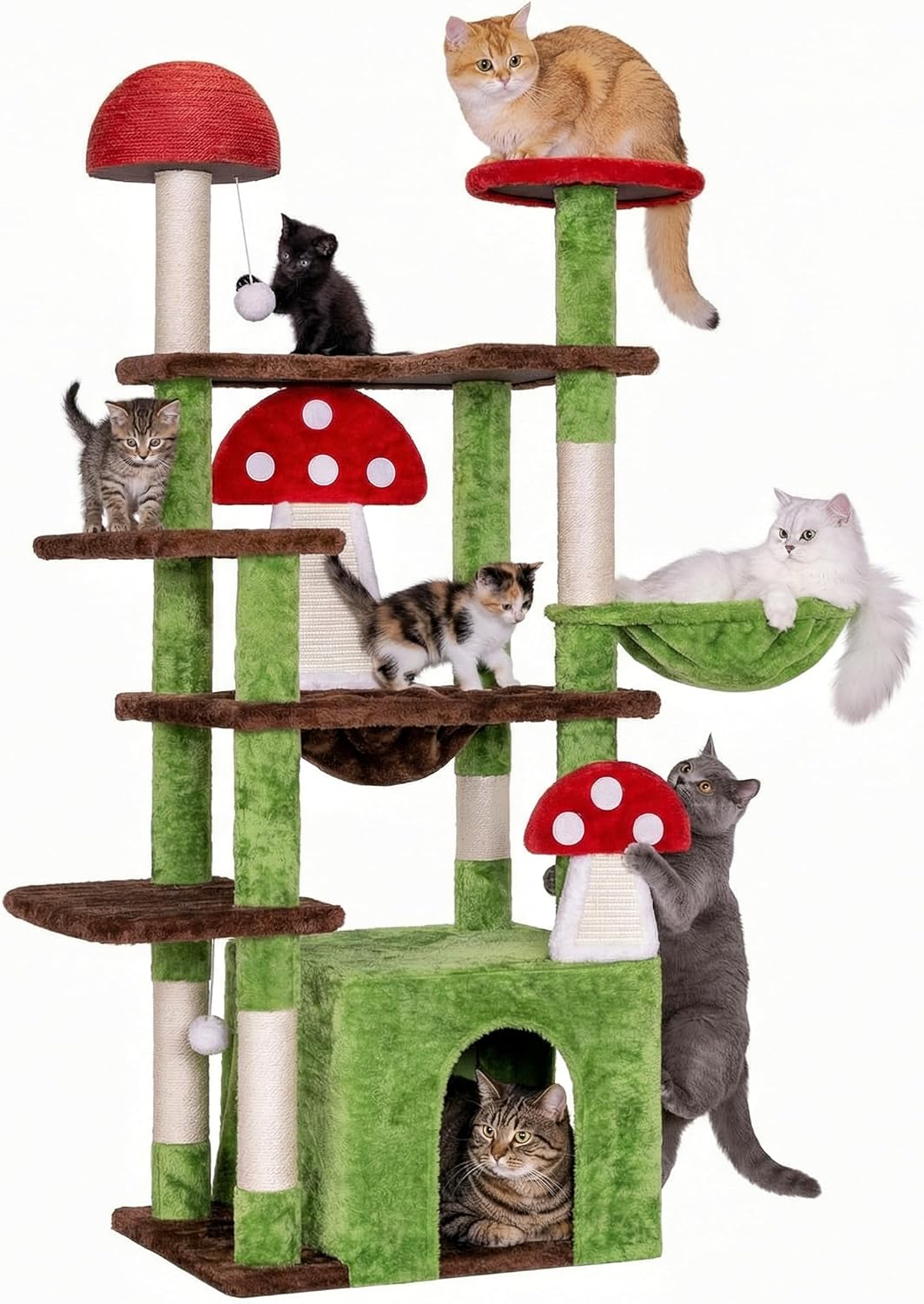 IRONCK 58" Cute Mushroom Cat Tree with Condo and Hammock