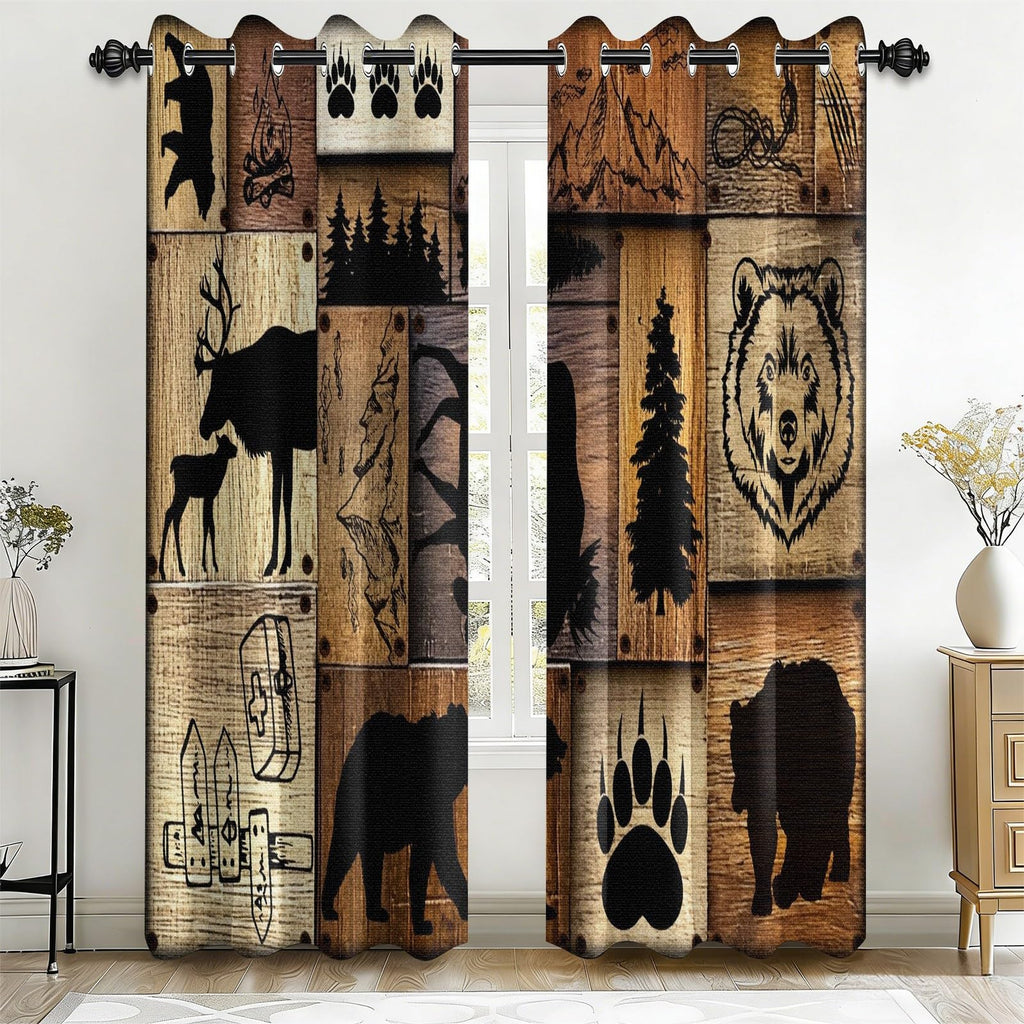 Rustic Fall Leaves Blackout Curtains 84 Inch Long 2 Panels, Autumn Maple Leaf Pinecone Thermal Insulated Grommet Drapes, Wood Burlap Texture Print Energy Saving Noise Reducing Curtains