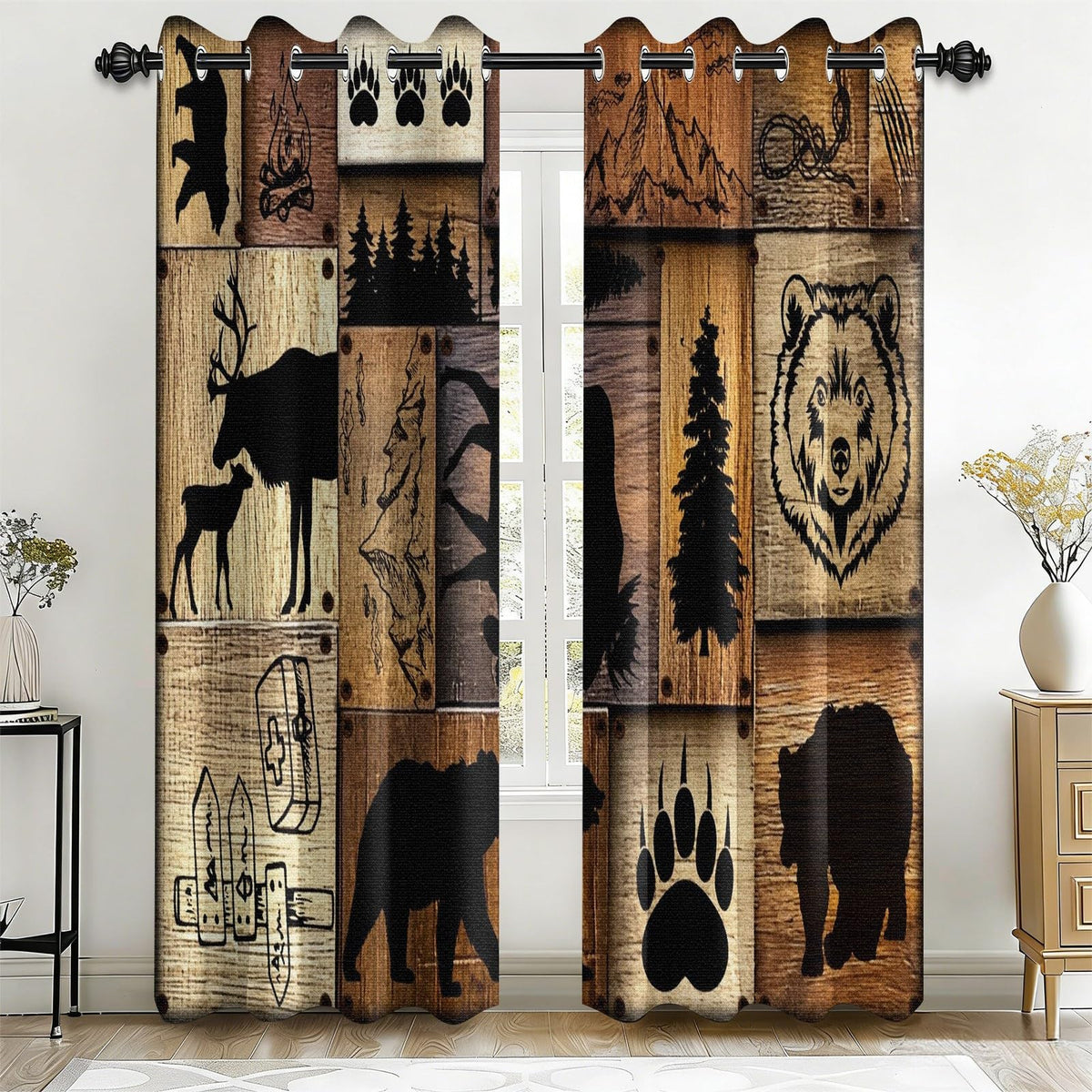 Rustic Fall Leaves Blackout Curtains 84 Inch Long 2 Panels, Autumn Maple Leaf Pinecone Thermal Insulated Grommet Drapes, Wood Burlap Texture Print Energy Saving Noise Reducing Curtains