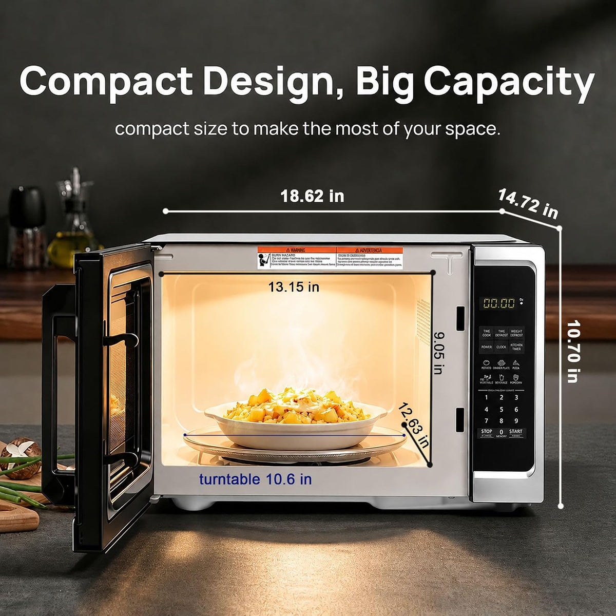 Countertop Small Microwave Oven 0.9 Cu. Ft, 900W Compact Microwave with LED Lighting, 6 Auto Menus, Turntable, Child Lock, Easy-Clean, Memory for Kitchen, Home, Dorm Essentials, Stainless Steel