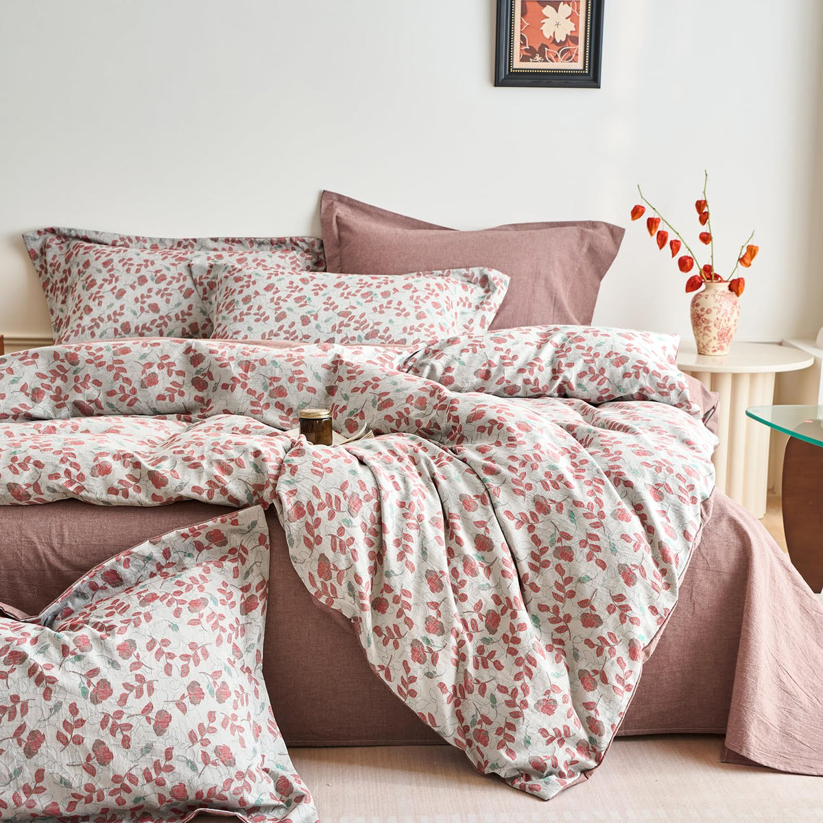 mixinni Garden Style Cotton Flowers and Birds Pattern Printed Duvet Cover Reversible Design Peacock Blue 3 Piece Bedding Duvet Set with Zipper Closure, Perfect for Him and Her-Queen Size