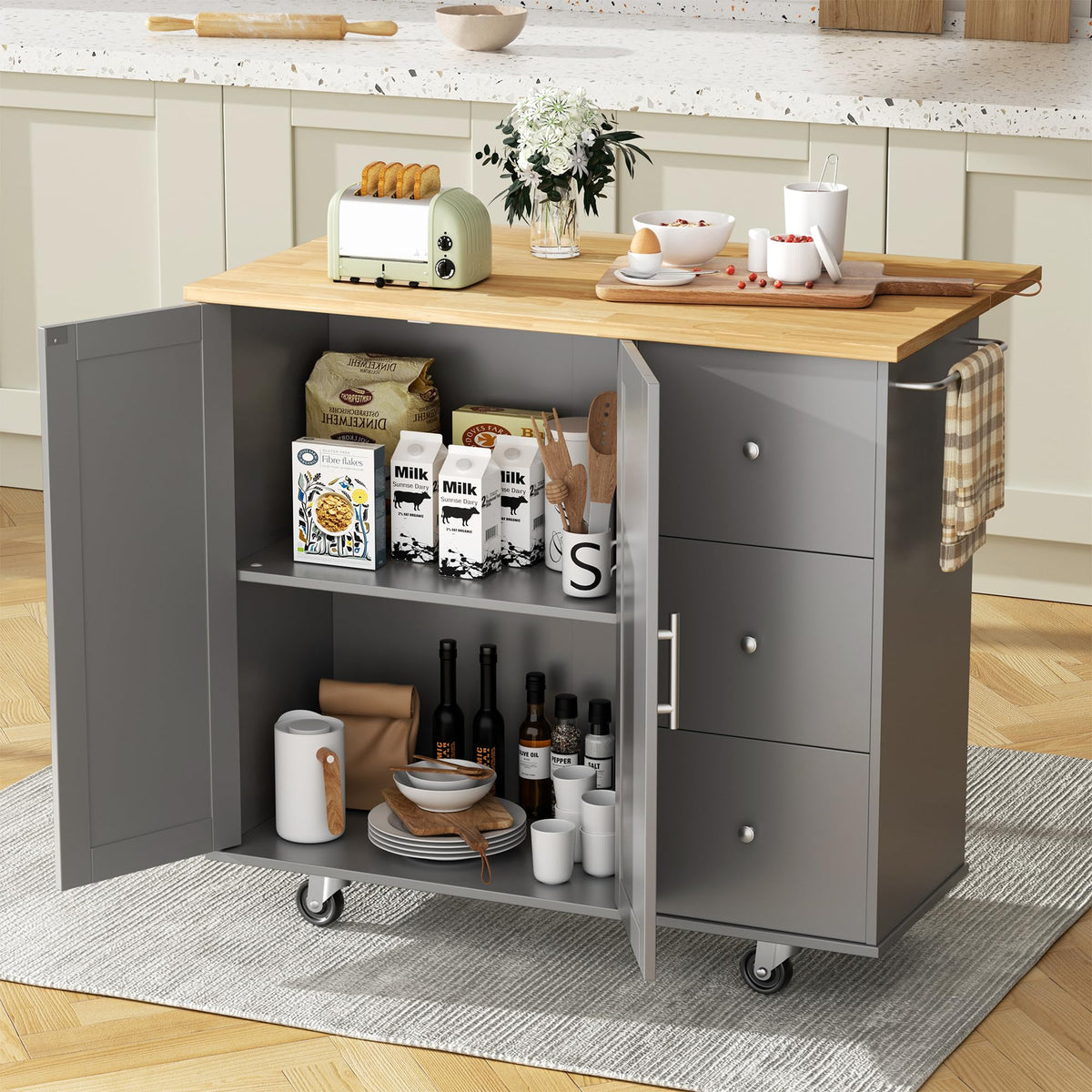 JY QAQA 26" Rolling Kitchen Island Cart on Wheels, Mobile Storage Cabinet with Drawer & Inner Shelves, Towel Rack, Lockable Casters, Wood‑Top Portable Prep Cart for Kitchen Dining Apartment, White