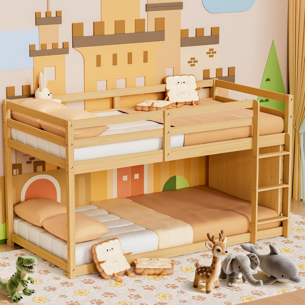 TOLEAD Low Bunk Bed Twin Over Twin, Floor Bunk Bed with Bookshelf&Ladder, Twin Bunk Bed with Full Guardrails, Wooden Bunk Bed for Juniors, Boys, Girls, Kids, Bedrooms (Natural)