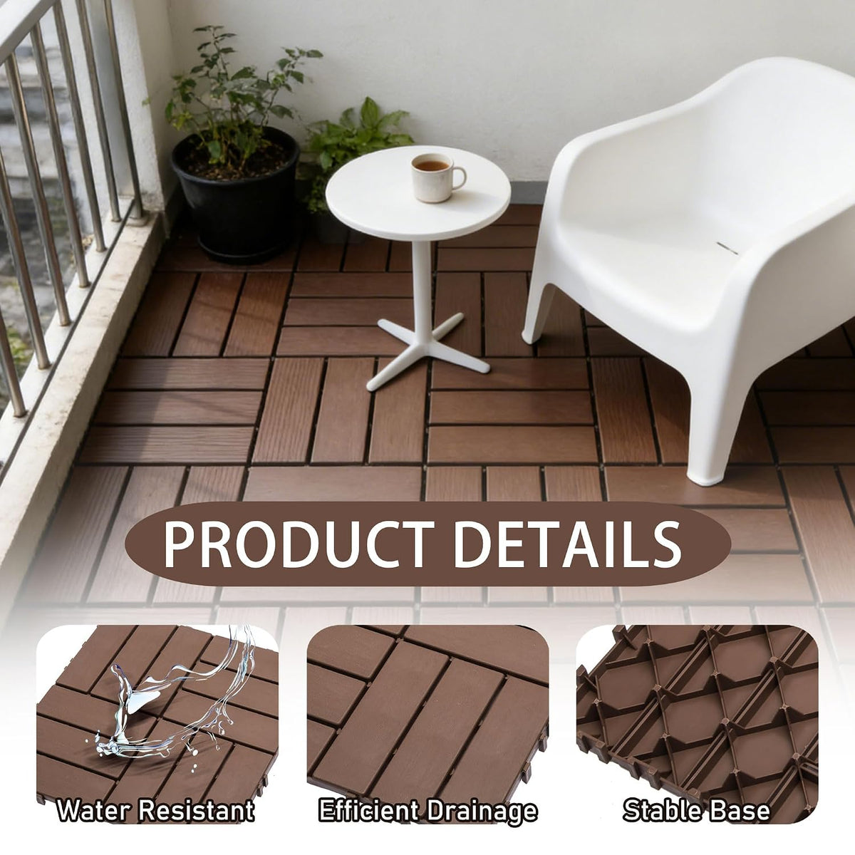 68 Pcs Interlocking Deck Tile, 61.60 Sq.Ft Deck Flooring Outdoor Waterproof All Weather, Flooring Tiles for Patio, decking Tiles for Indoor and Outdoor use, 11.42"x11.42" Square, Brown