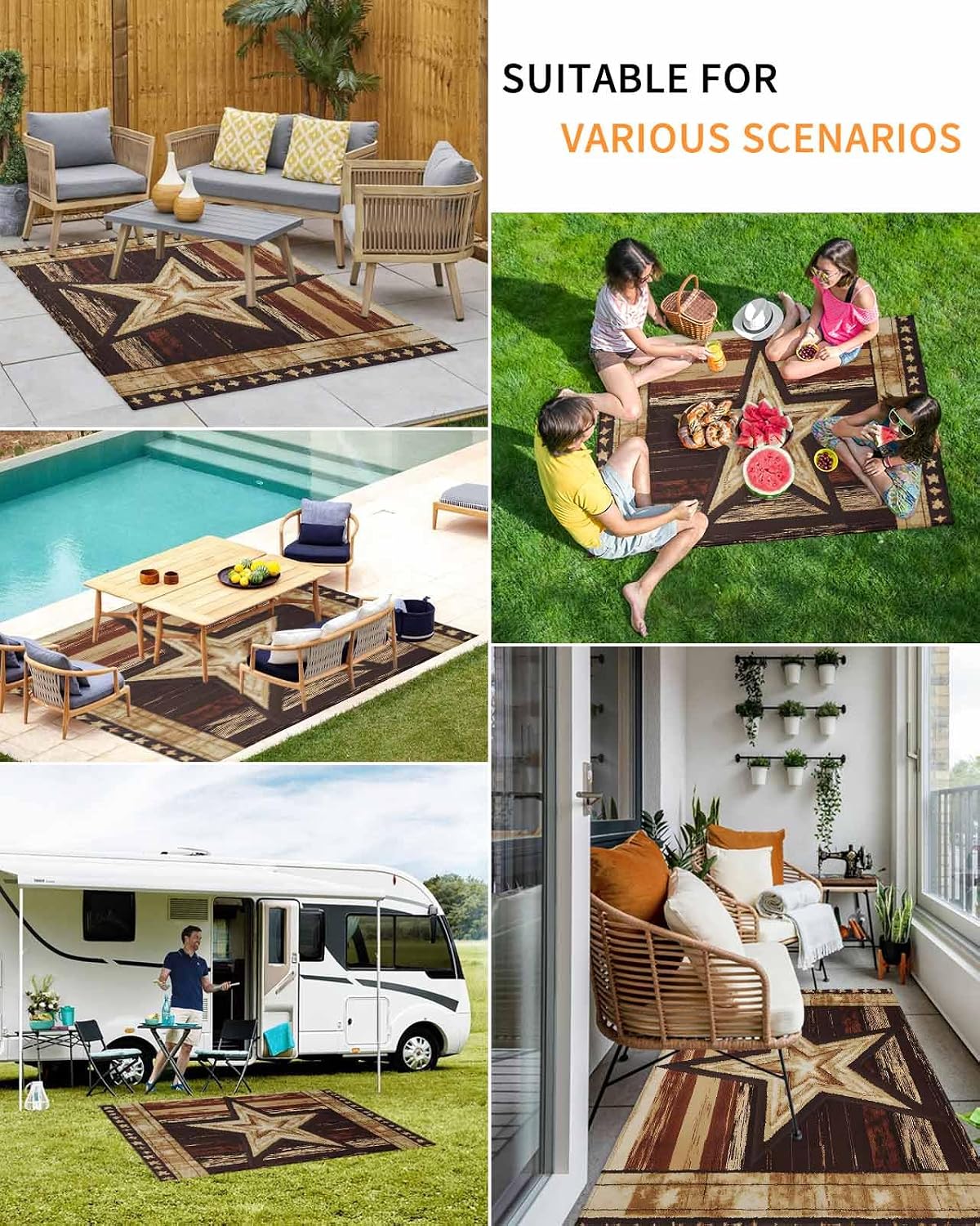 Farmhouse Western Star Outdoor Rug 4x6ft, Waterproof Indoor Outdoor Rug for Patio, 4th of July Camping Carpet Mat Outside Area Rug for RV Picnic Beach Balcony Deck Backyard