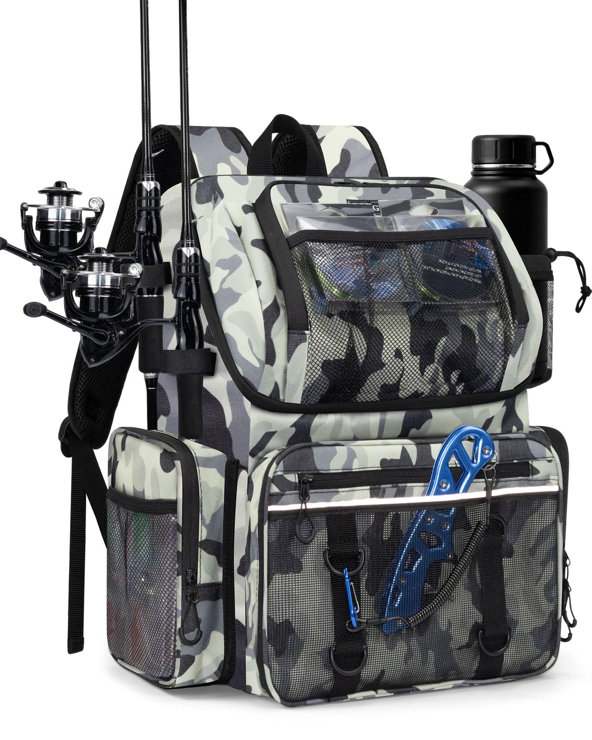 Fishing Backpack, Large Water Resistant Tackle Bag Storage Fishing Gear and Equipment, Built-in Cooler Compartment Khaki