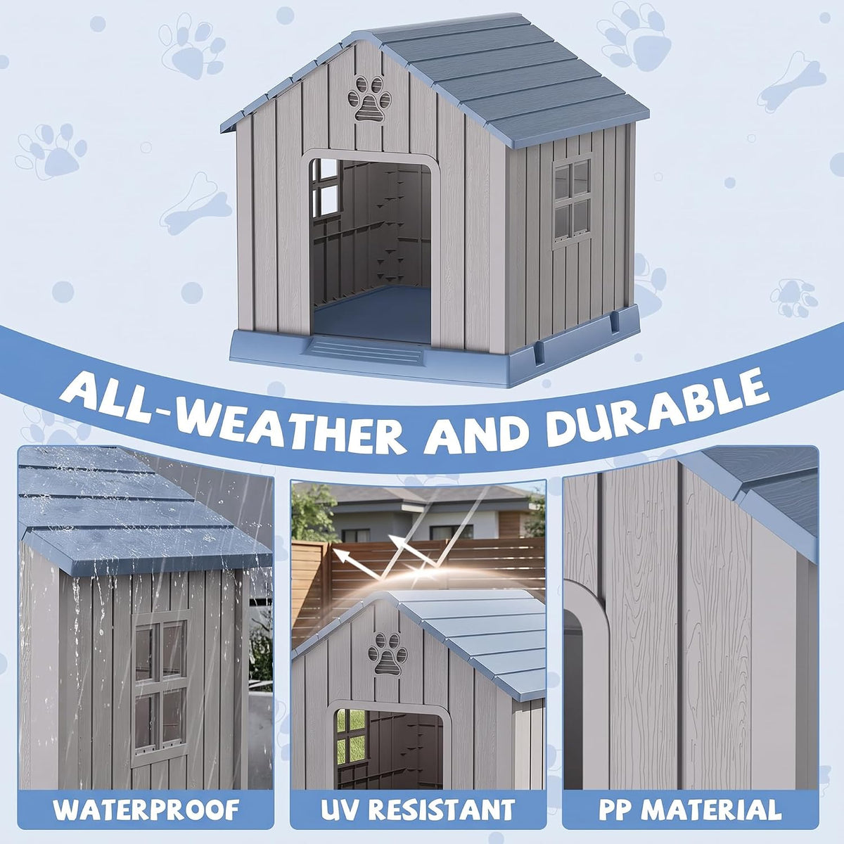 35 Inch Dog House Outdoor with Windows,Indoor/Outdoor,Blue