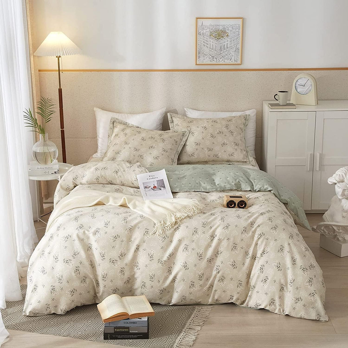 LifeTB Green Floral 100% Jersey Knit Cotton Duvet Cover Queen Vintage Style Botanical Floral Bedding Set Chic Shabby Green Floral Comforter Cover Girl Women Flower Bedding Cover with 2 Pillowcases