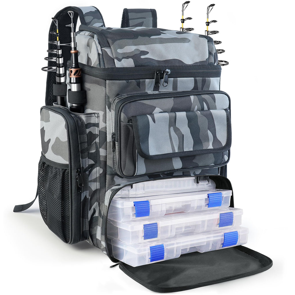 Fishing Tackle Backpack With Rod Holders,45L Large Tackle Bag & Fishing Tackle Backpack for Fishing,Camping, Hiking,Camouflage Blue