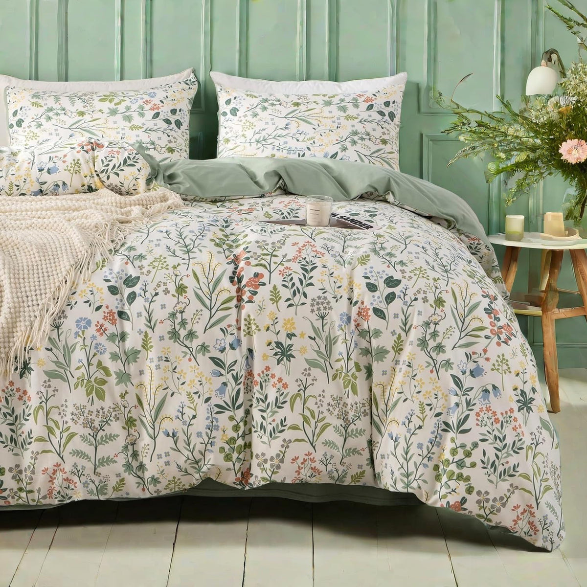 mixinni Garden Style Cotton Flowers and Birds Pattern Printed Duvet Cover Reversible Design Peacock Blue 3 Piece Bedding Duvet Set with Zipper Closure, Perfect for Him and Her-Queen Size