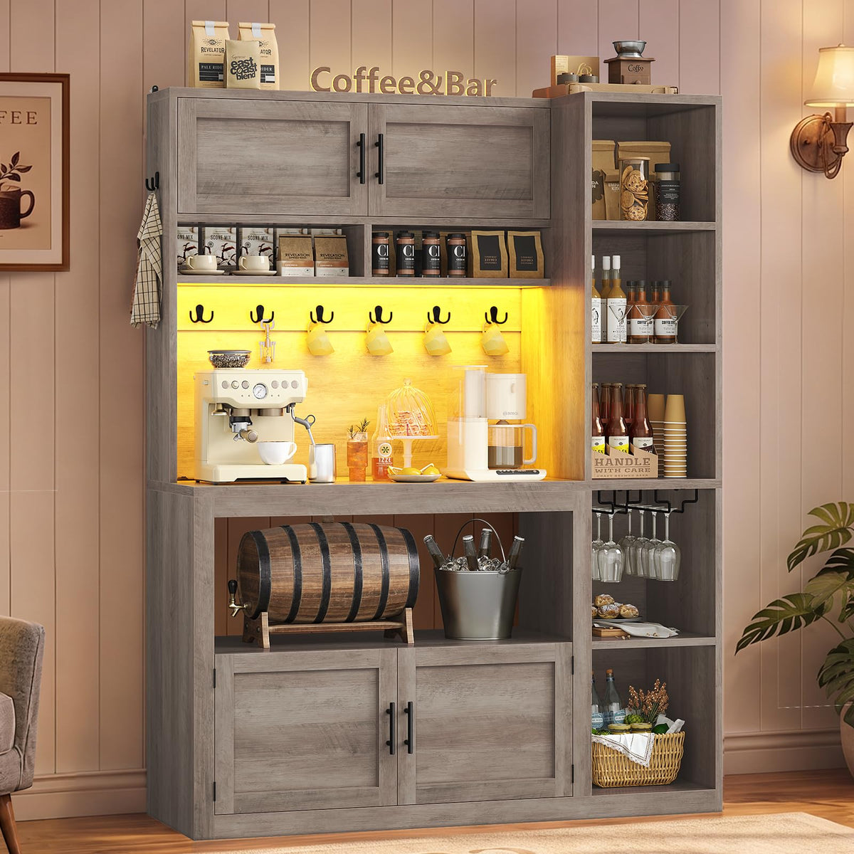 Itaar 35.4 inch Bakers Rack with Power Outlet and Storage, Farmhouse Coffee Bar Cabinet, Microwave Stand Kitchen Cabinet with Hutch, LED Lights, Wine Glass Holder and 8 Hooks，White