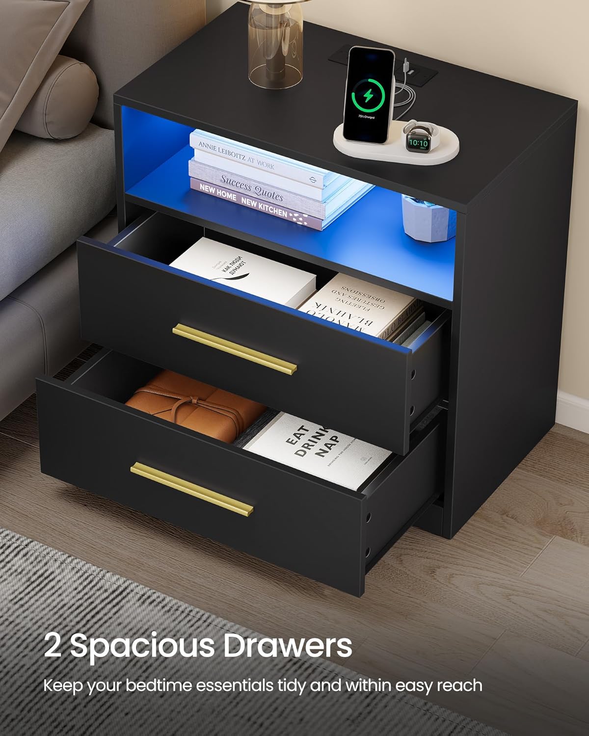 VASAGLE 23.6‑Inch Wide Nightstands, Set of 2, LED Lights, 2 Drawers