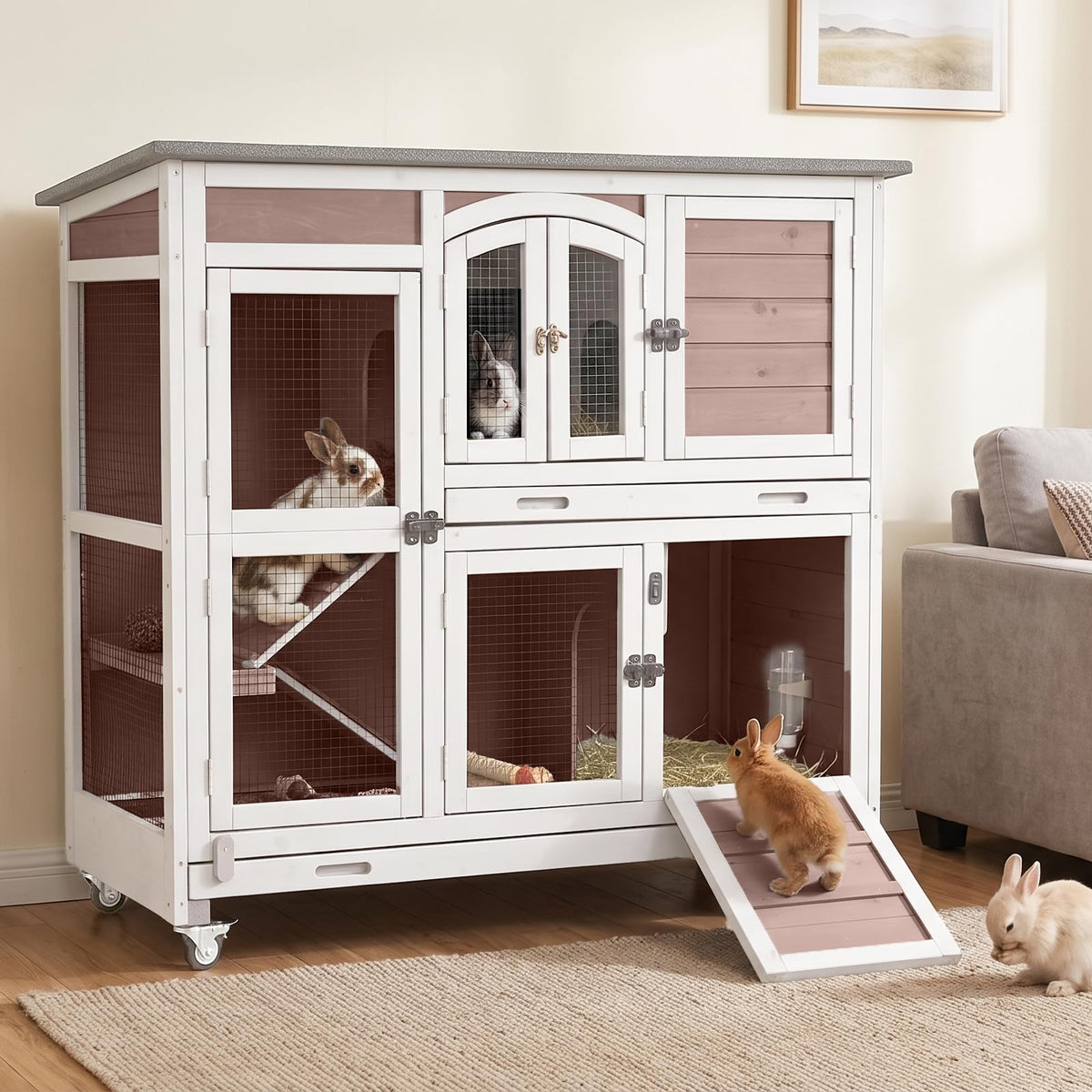 Suumerpety 2-Story Wooden Rabbit Hutch with Chew-Proof Ramp, Dual Leak-Proof Pull-Out Trays & 4 Lockable Wheels, Indoor Outdoor Bunny Cage for Rabbits & Guinea Pigs (Grey)