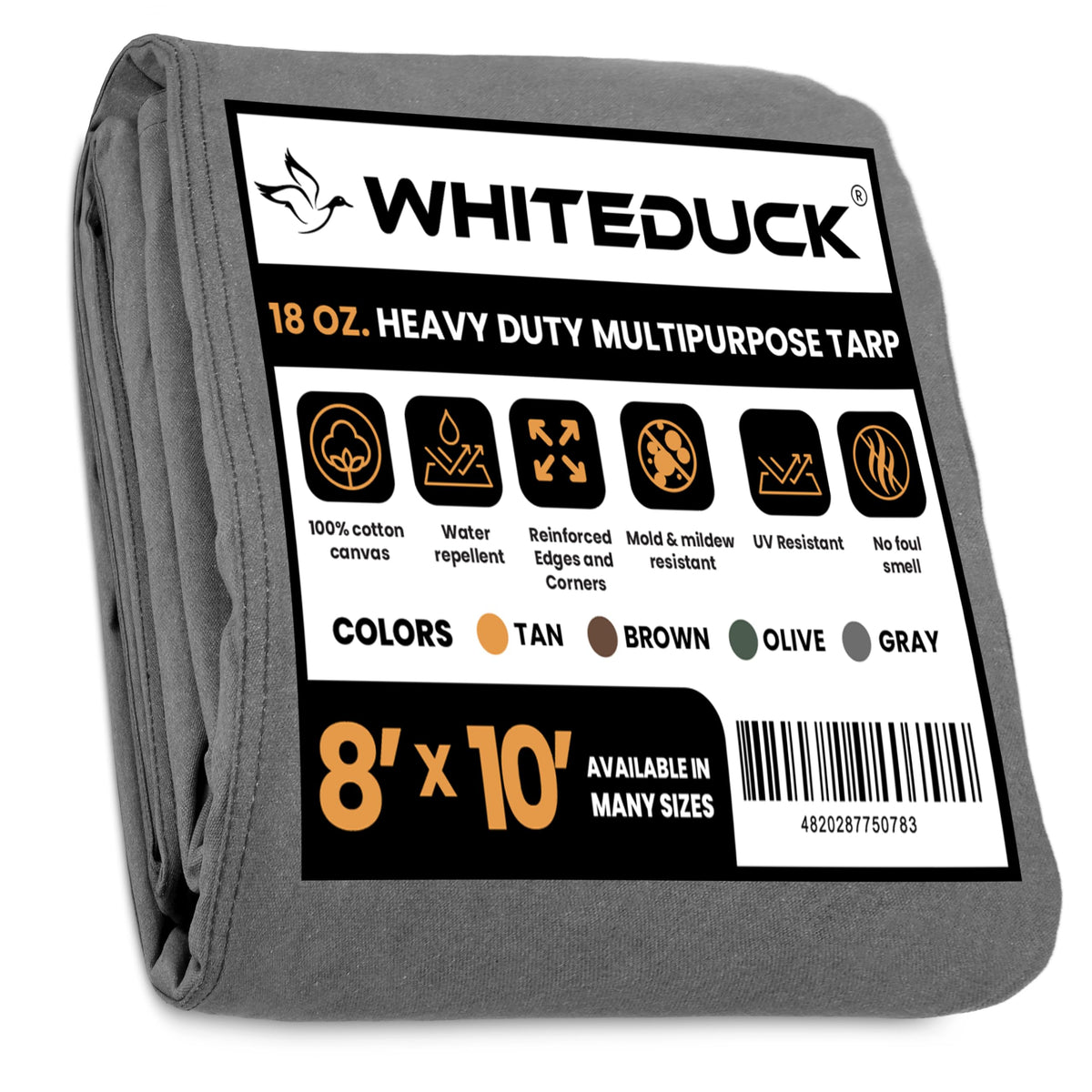 WHITEDUCK Canvas Tarp 18 oz. Heavy Duty Water Repellent UV Resistant, Rustproof Grommets, Industrial & Commercial Use Cloth Tarp (Cut Size: 8'x12', Finished Size: 7'6"x11'6", Olive Drab)