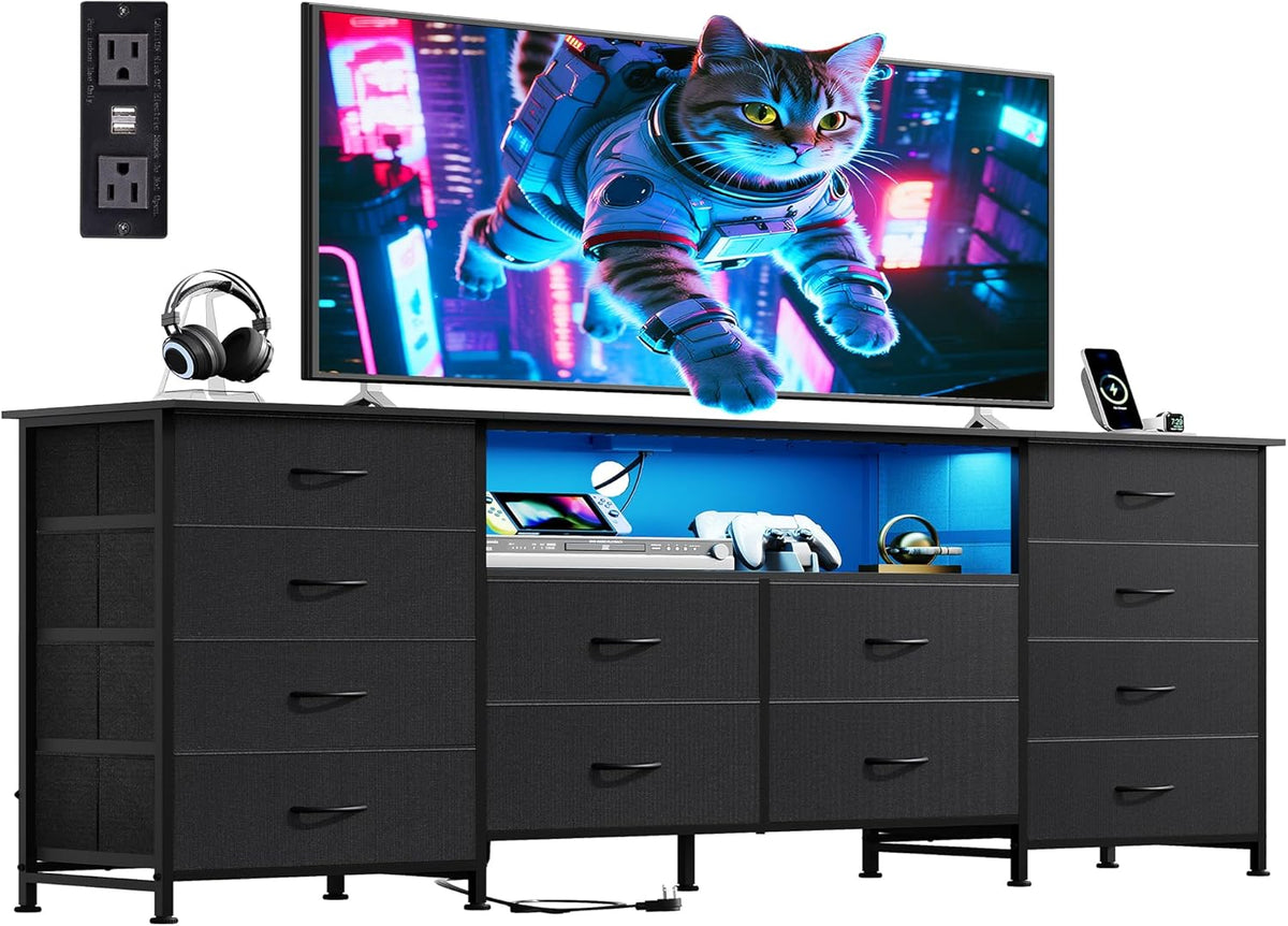 WLIVE LED Dresser TV Stand for 75 Inch TV, 12 Drawers, Black