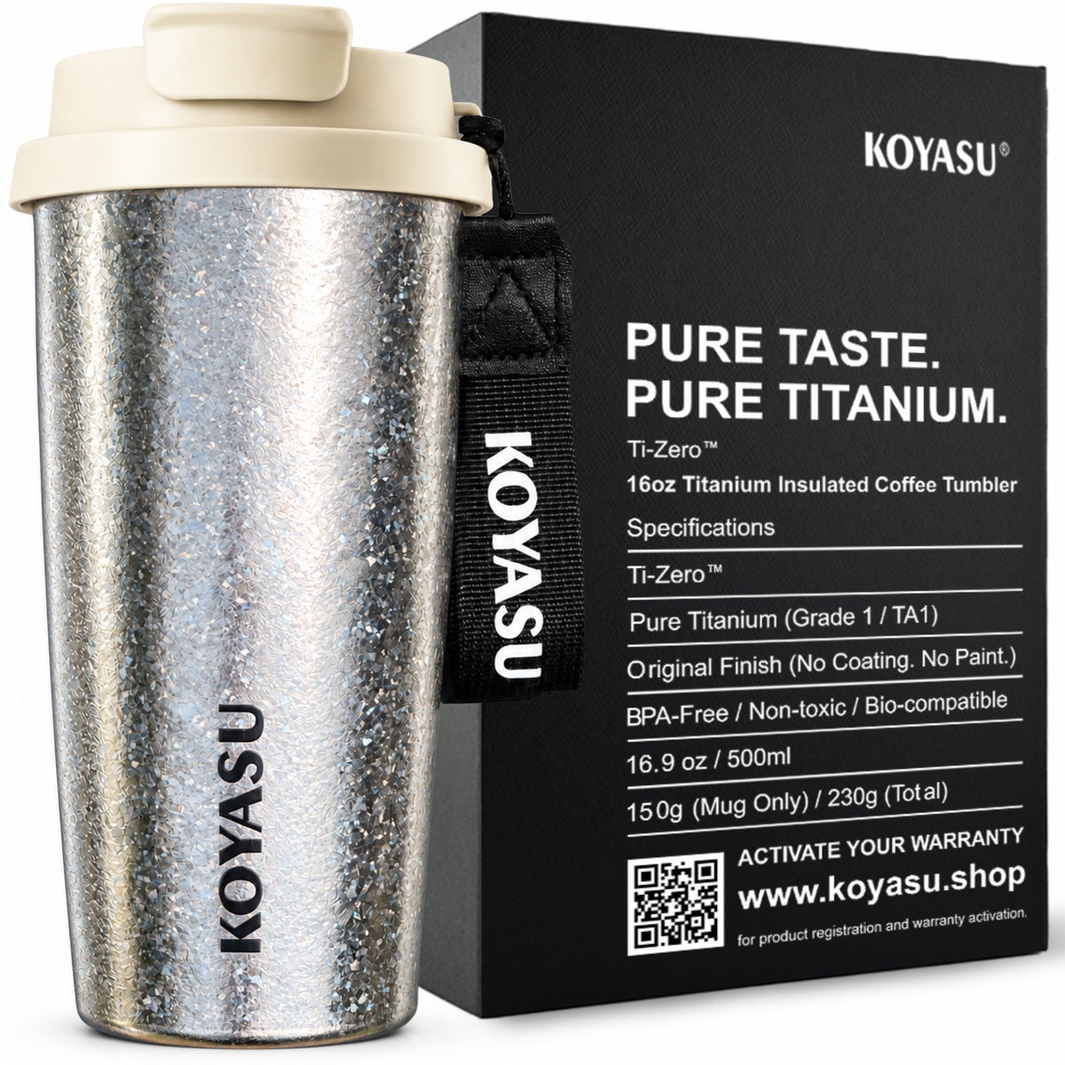 KOYASU Ti-Zero 16oz Pure Titanium Cup - Ultralight Camping Gear - 42% Lighter than Steel, Rugged Crystallized Matte Finish for Hiking & High-Performance Adventure, Double Wall Vacuum Flask (Frost)